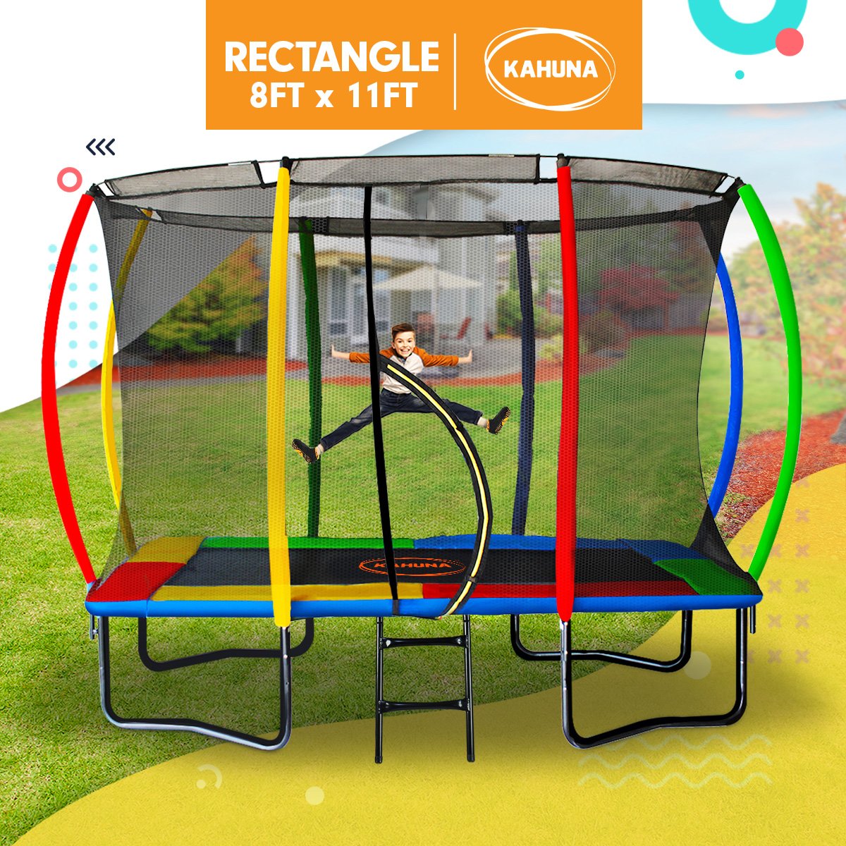 Kahuna 8ft x 11ft Rectangular Trampoline Rainbow Free Safety Net Spring Pad Cover Mat Ladder