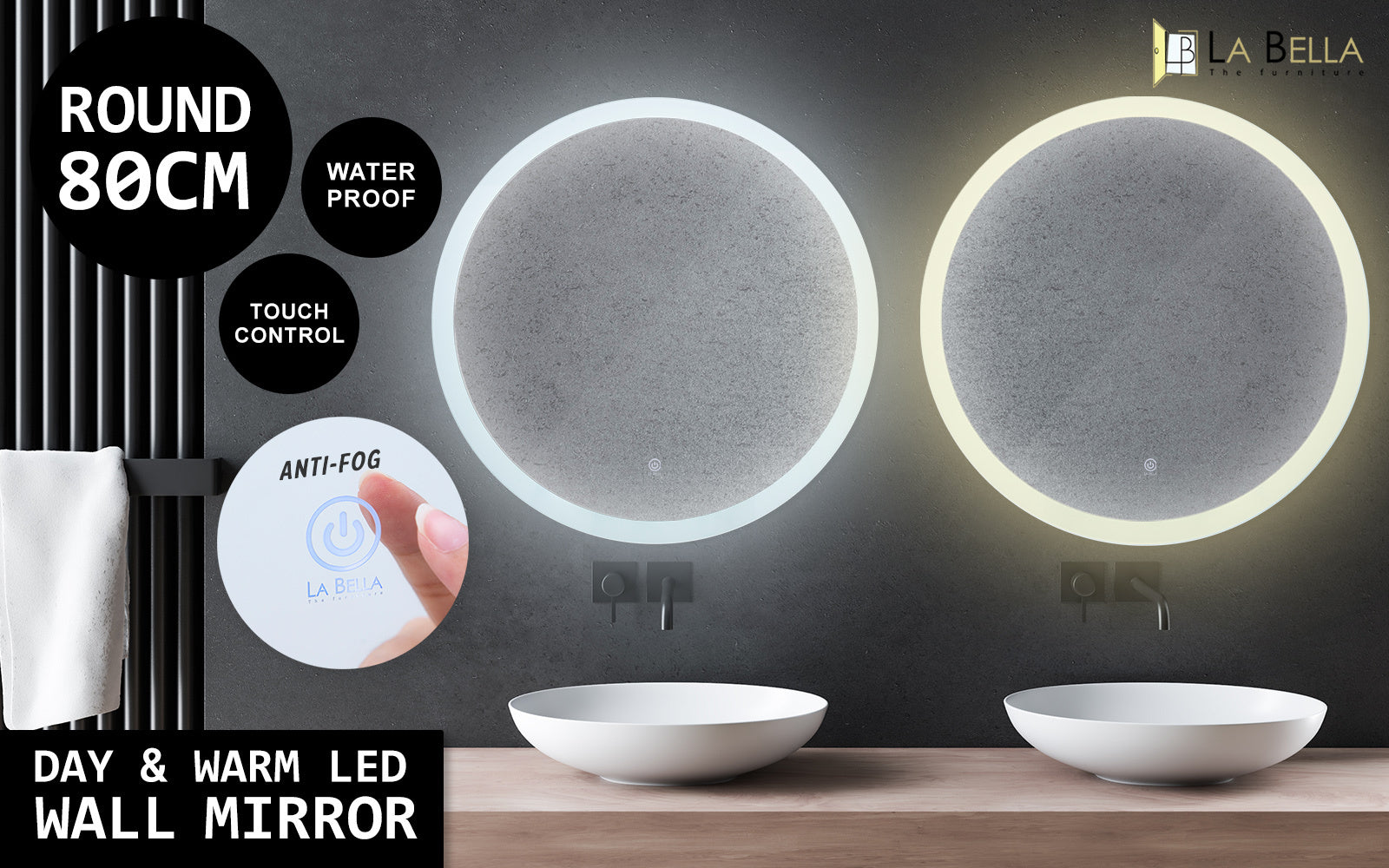 2 Set La Bella LED Wall Mirror Round Touch Anti-Fog Makeup Decor Bathroom Vanity 80cm