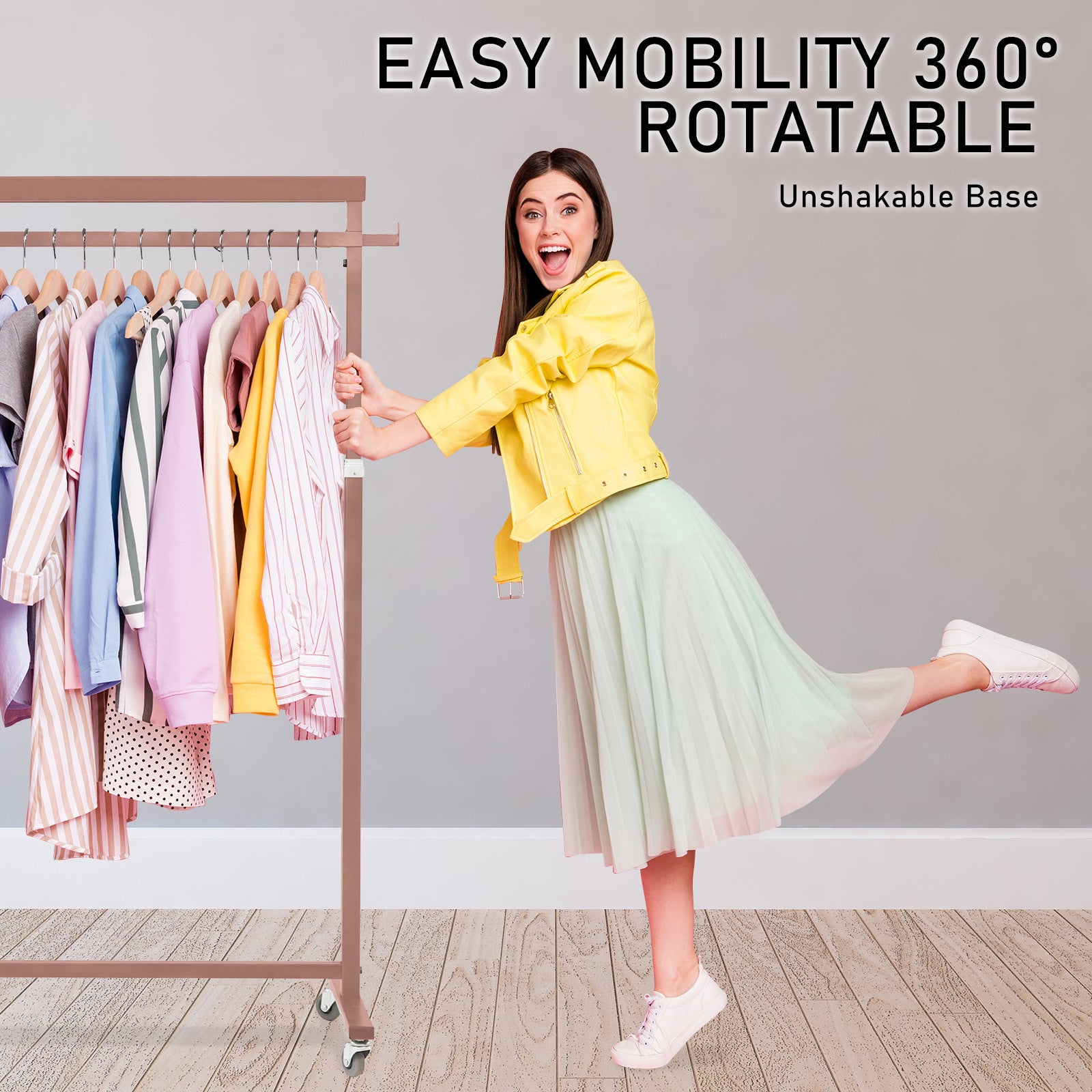 Meoktong Rose Gold Clothes Rack Coat Stand Hanging Adjustable Rollable Steel