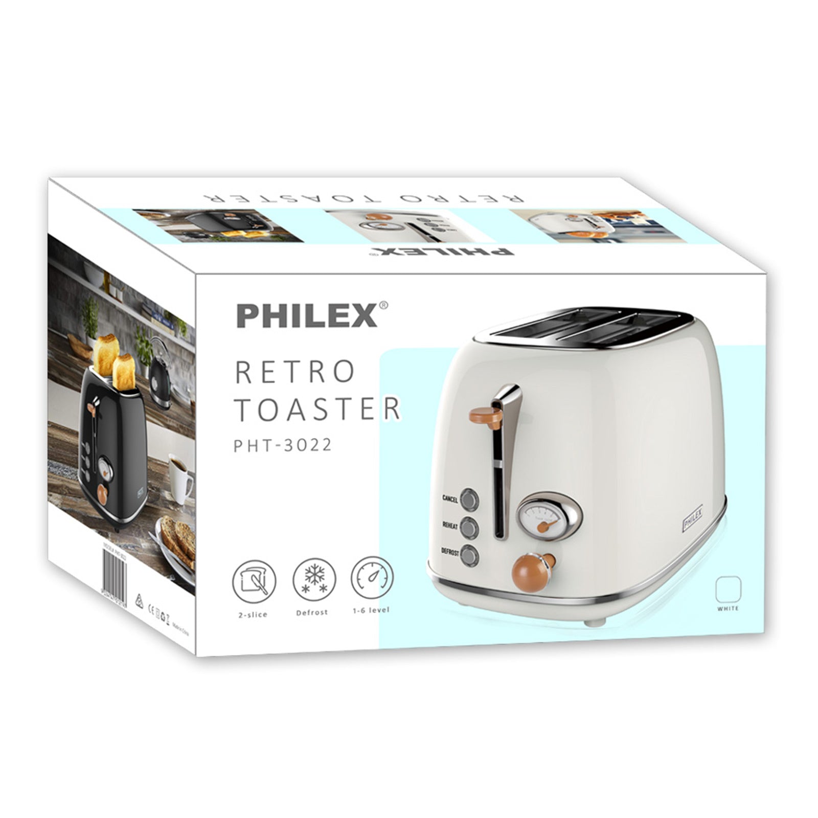 PHILEX 2-Slice Electric Toaster Bread Reheat Defrost Retro Retro IVORY