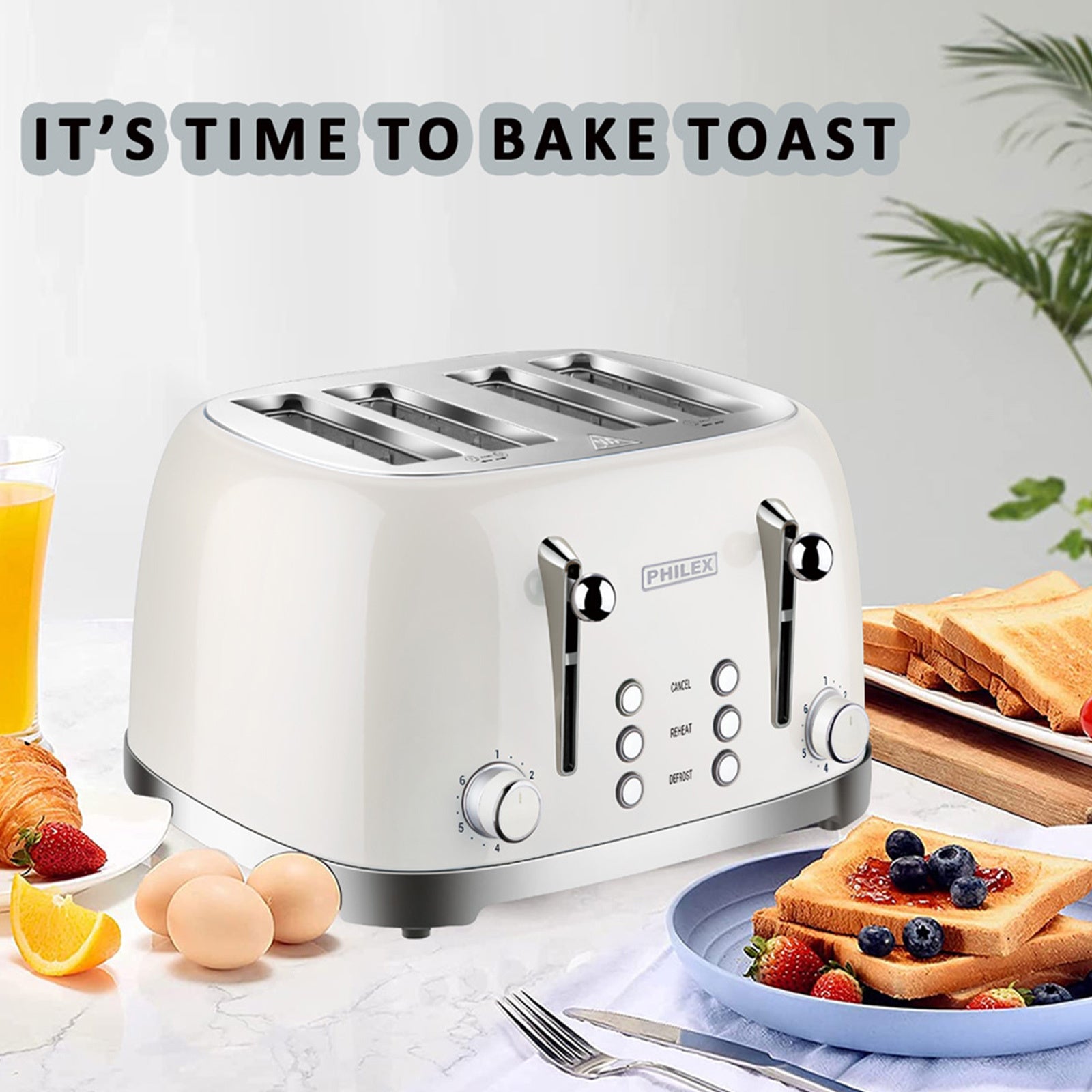 PHILEX 4-Slice Electric Toaster Bread Reheat Defrost Retro Retro IVORY