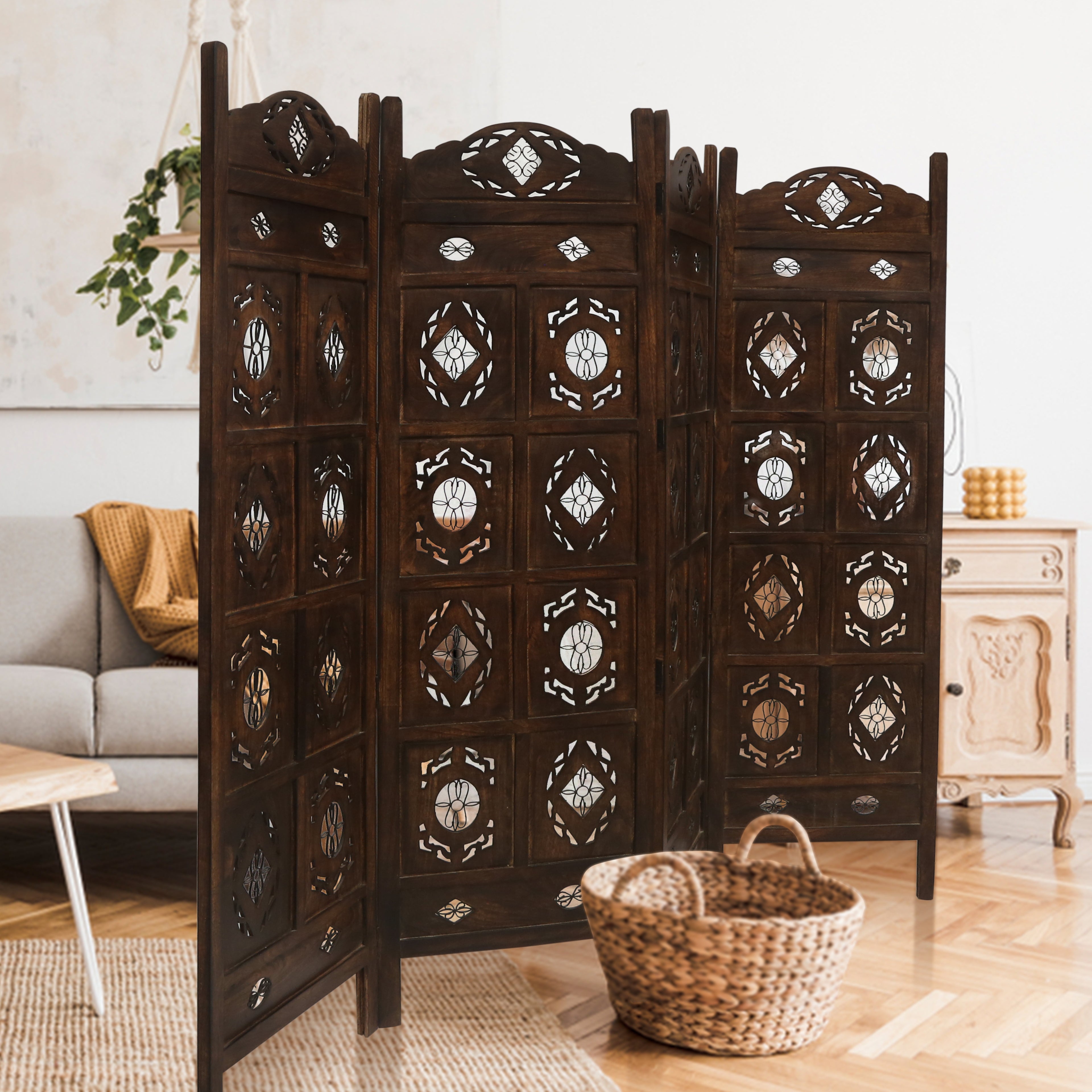 Iron Jali 4 Panel Room Divider Screen Privacy Shoji Timber Wood Stand - Burnt