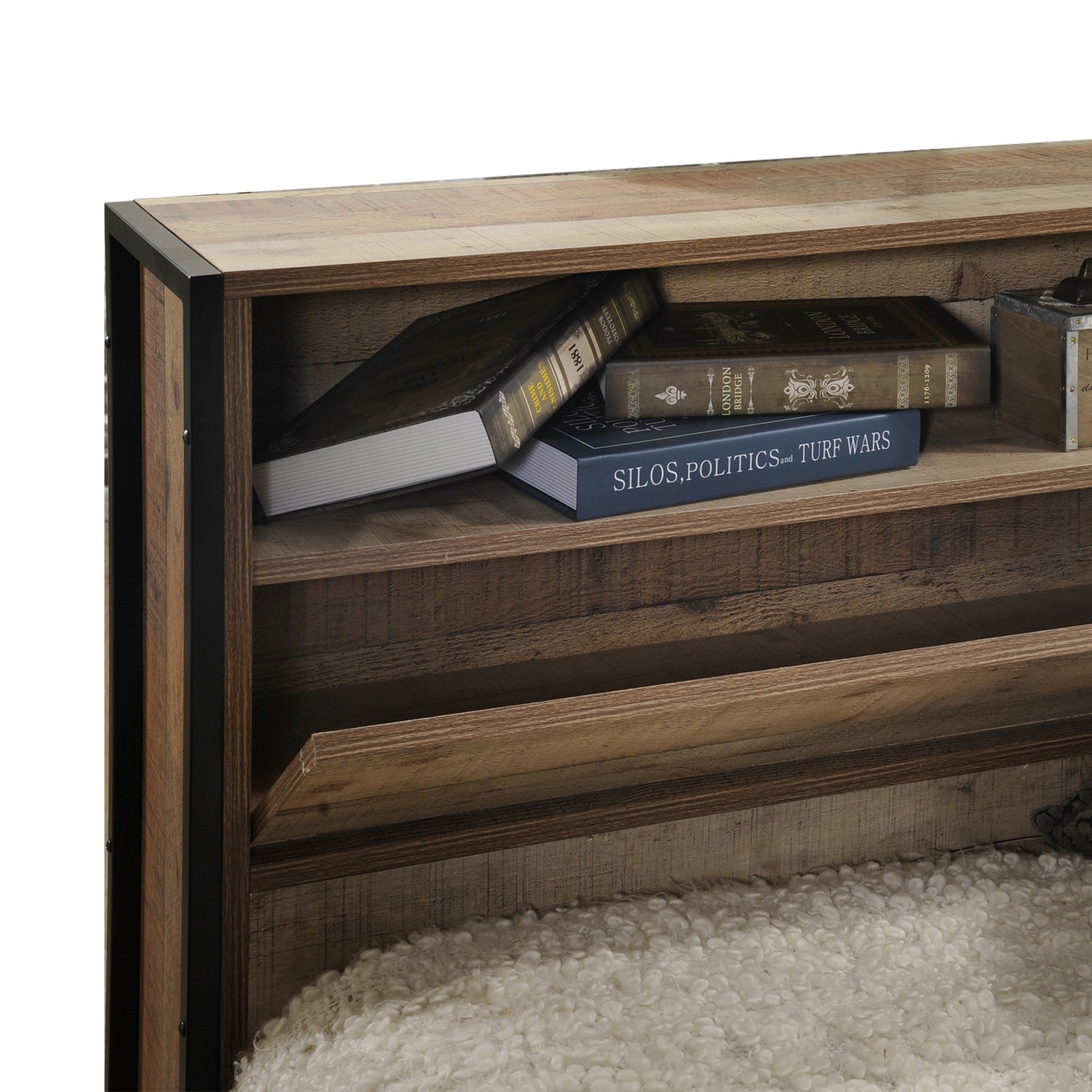 Queen Size Storage Bed Farme in Oak Colour with Particle Board Contraction and Metal Legs