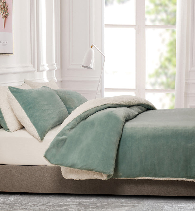 2-in-1 Teddy Sherpa Quilt Cover Set (Double Size - Sage Green)