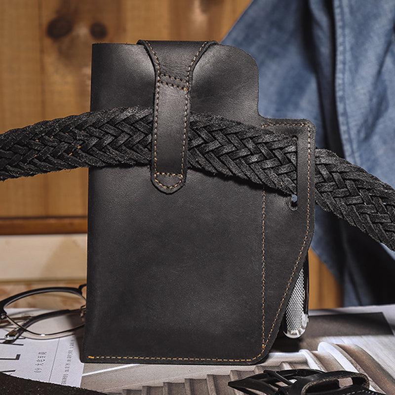 Men's Genuine Leather Retro Belt Waist Bag Cell Phone Belt Bag (Black)