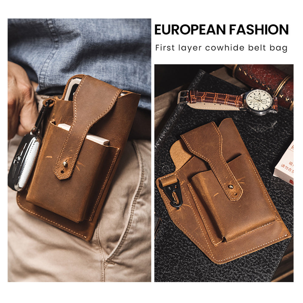 Men's Genuine Leather Retro Belt Waist Bag Cell Phone Belt Bag (Black)