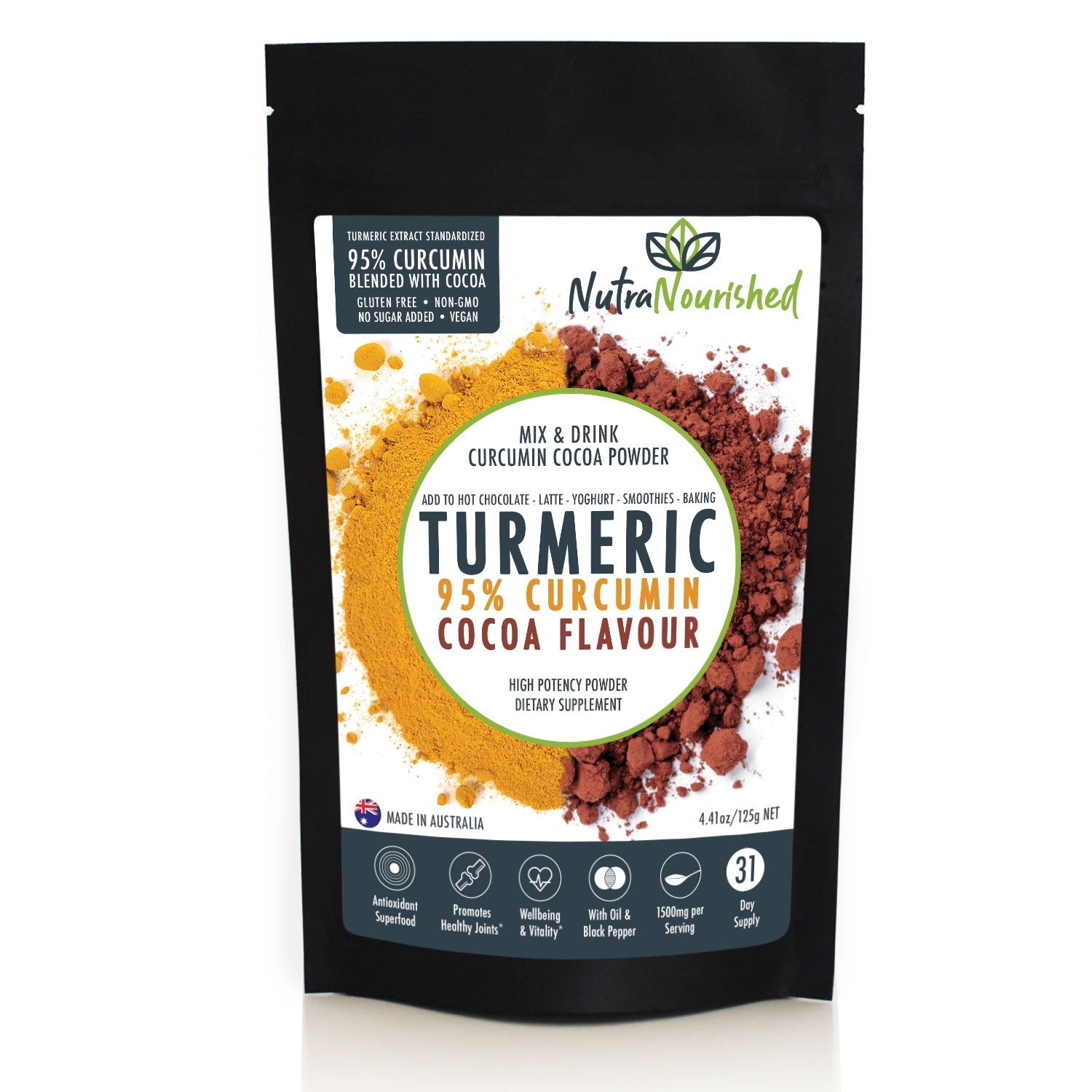 95% Organic Curcumin Extract Cocoa Flavour - Turmeric Powder With Black Pepper - Organic and with Black Pepper - 375g