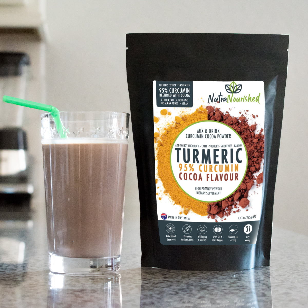 95% Organic Curcumin Extract Cocoa Flavour - Turmeric Powder With Black Pepper - Organic and with Black Pepper - 375g