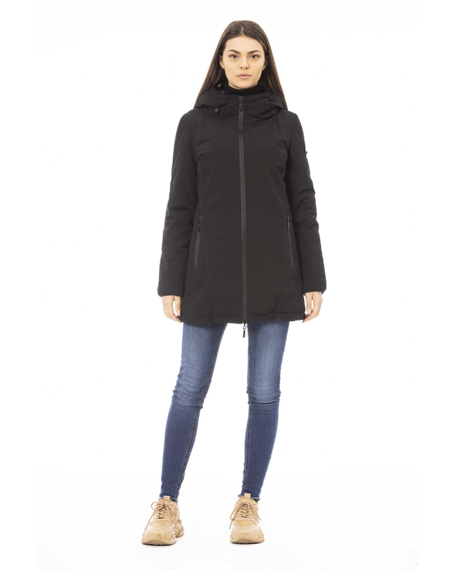 Black Down Jacket with Adjustable Hood and Baldinini Monograms 2XL Women