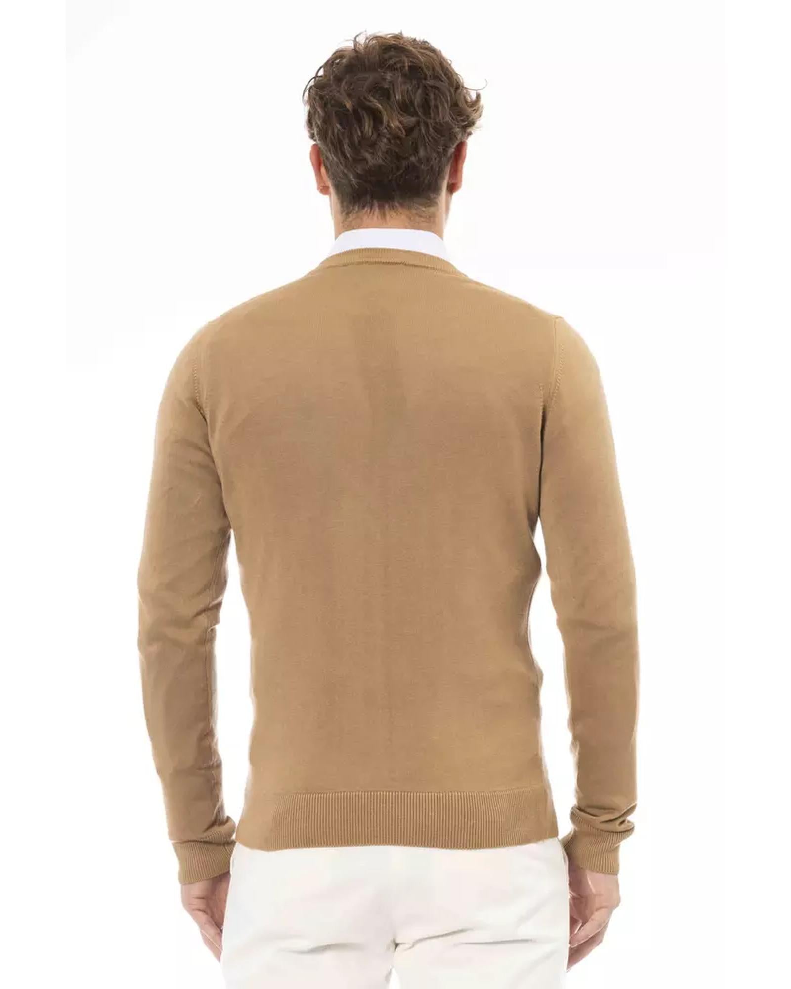 Fine Ribbed Knit V-neck Sweater with Long Sleeves 56 IT Men