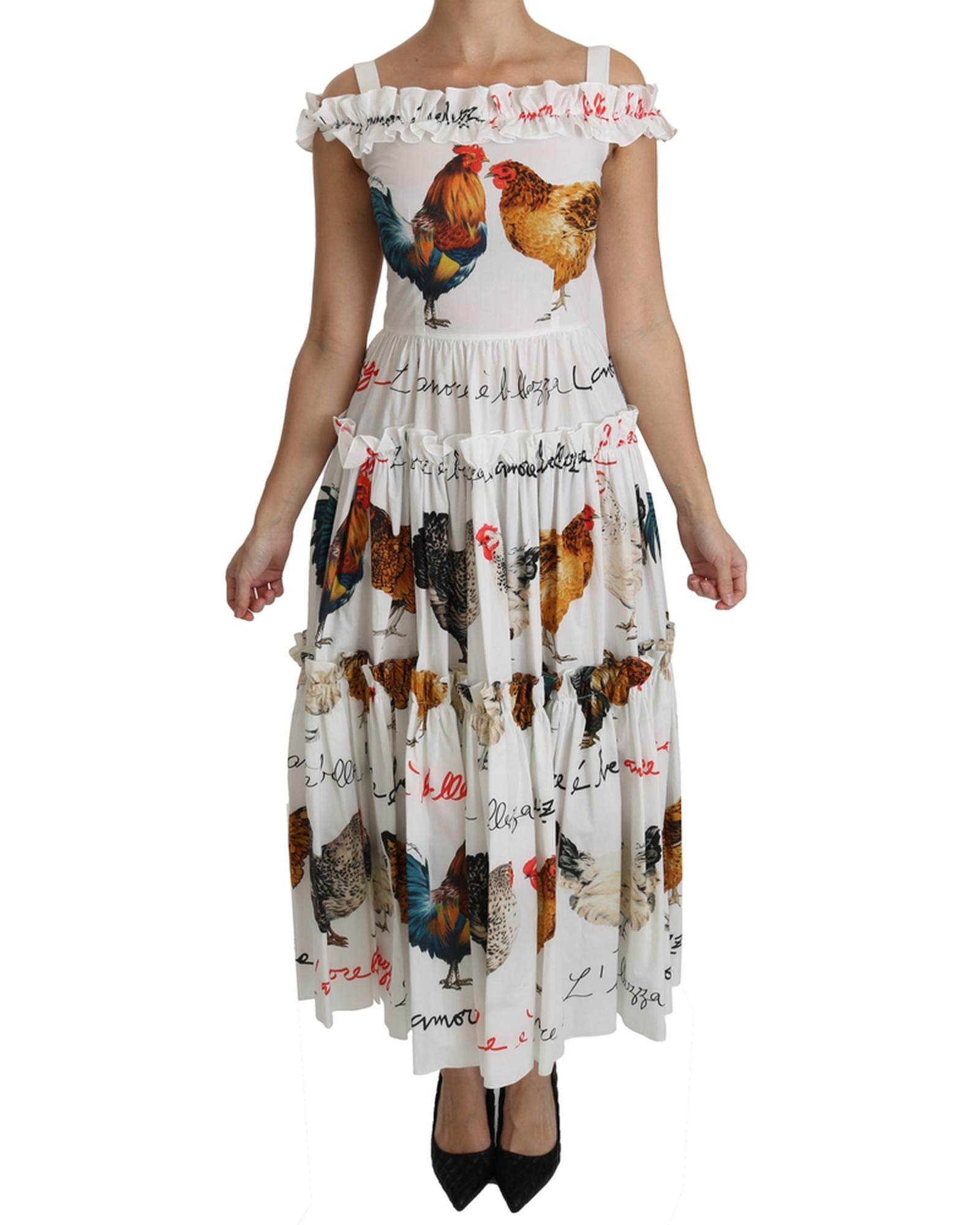 100% Authentic Dolce &amp; Gabbana Sheath Midi Dress with Rooster Print 42 IT Women