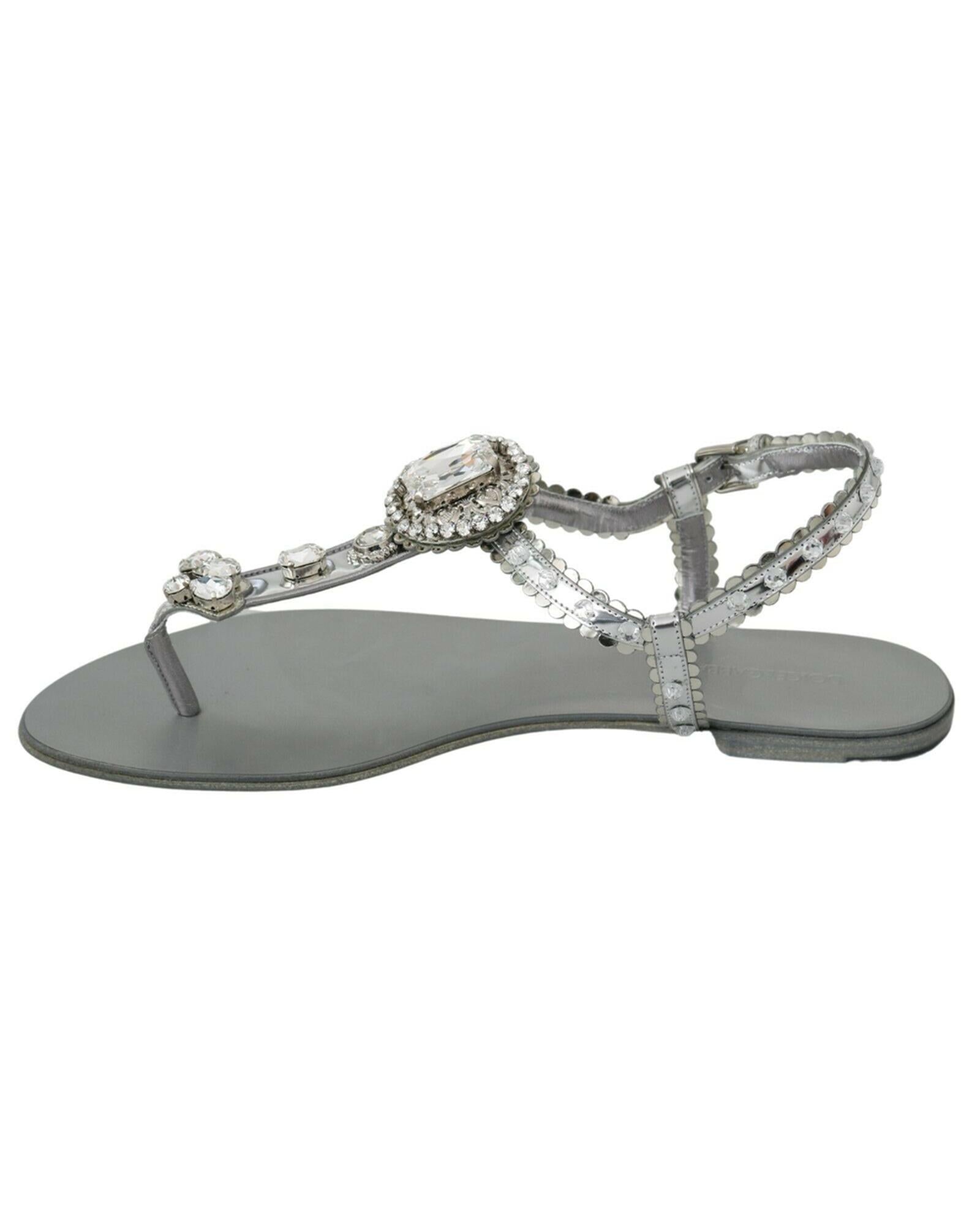 Gorgeous Dolce &amp; Gabbana Silver Sandals with Metal Detailing and Crystals 37 EU Women