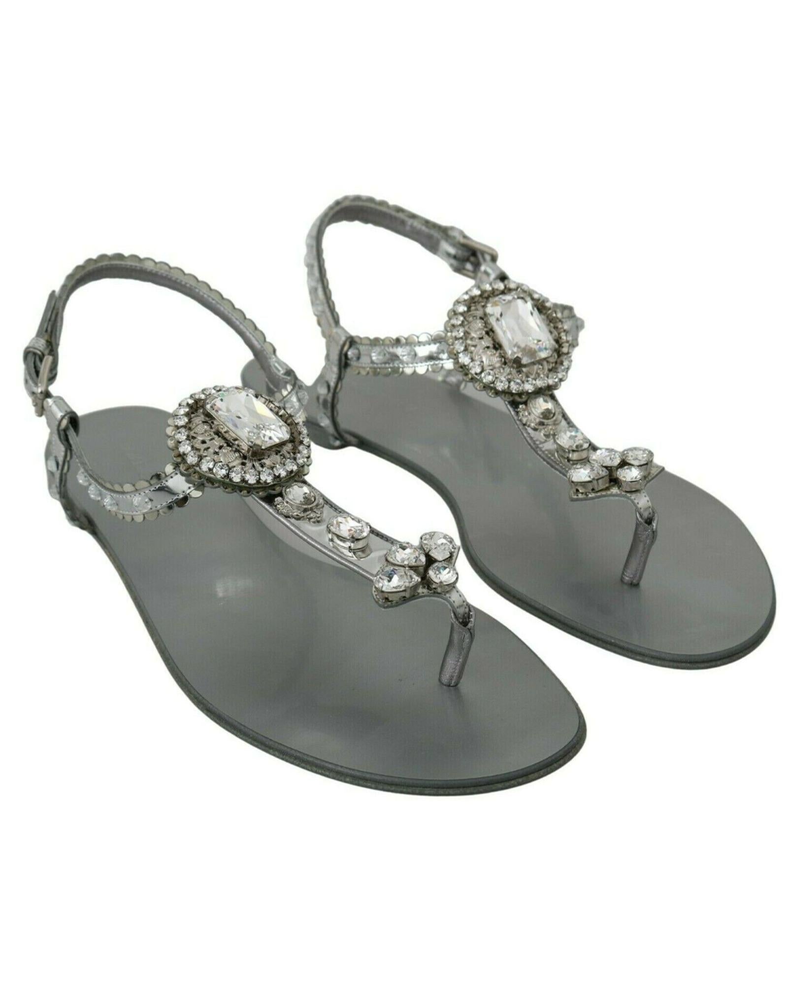 Gorgeous Dolce &amp; Gabbana Silver Sandals with Metal Detailing and Crystals 38 EU Women