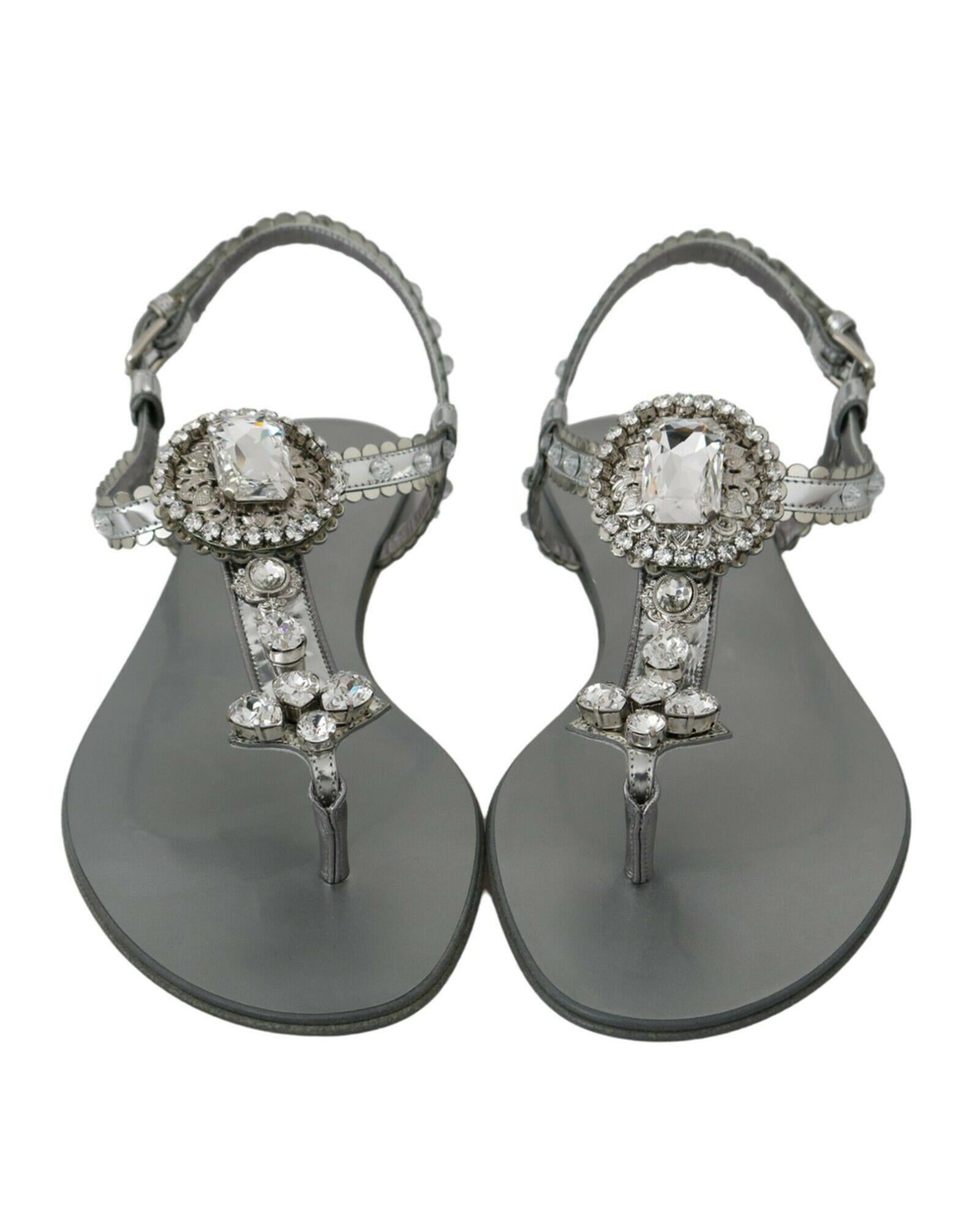 Gorgeous Dolce &amp; Gabbana Silver Sandals with Metal Detailing and Crystals 38 EU Women