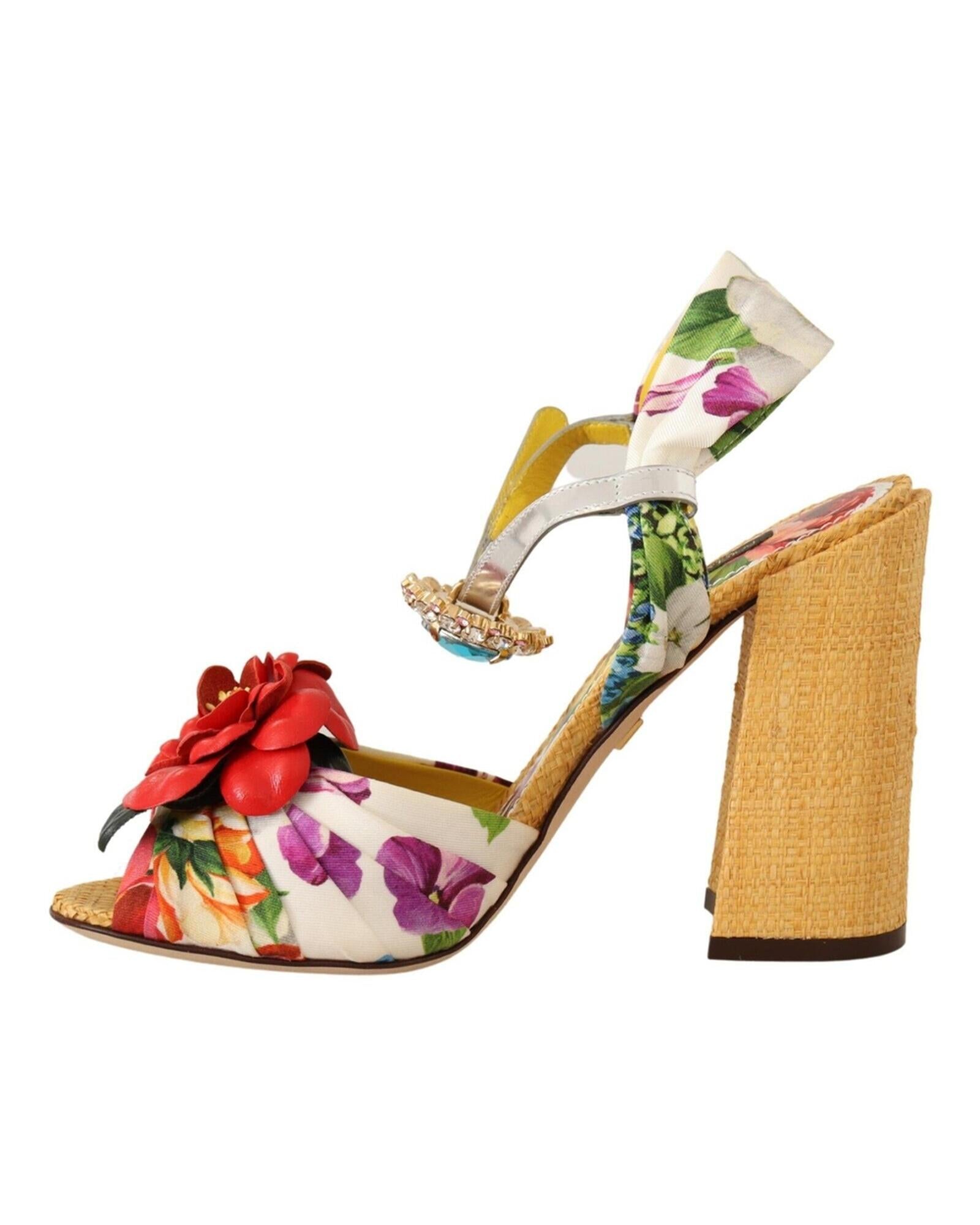 Dolce &amp; Gabbana Block High Heel Sandals with Crystal Embellishments and Floral Appliques 38 EU Women