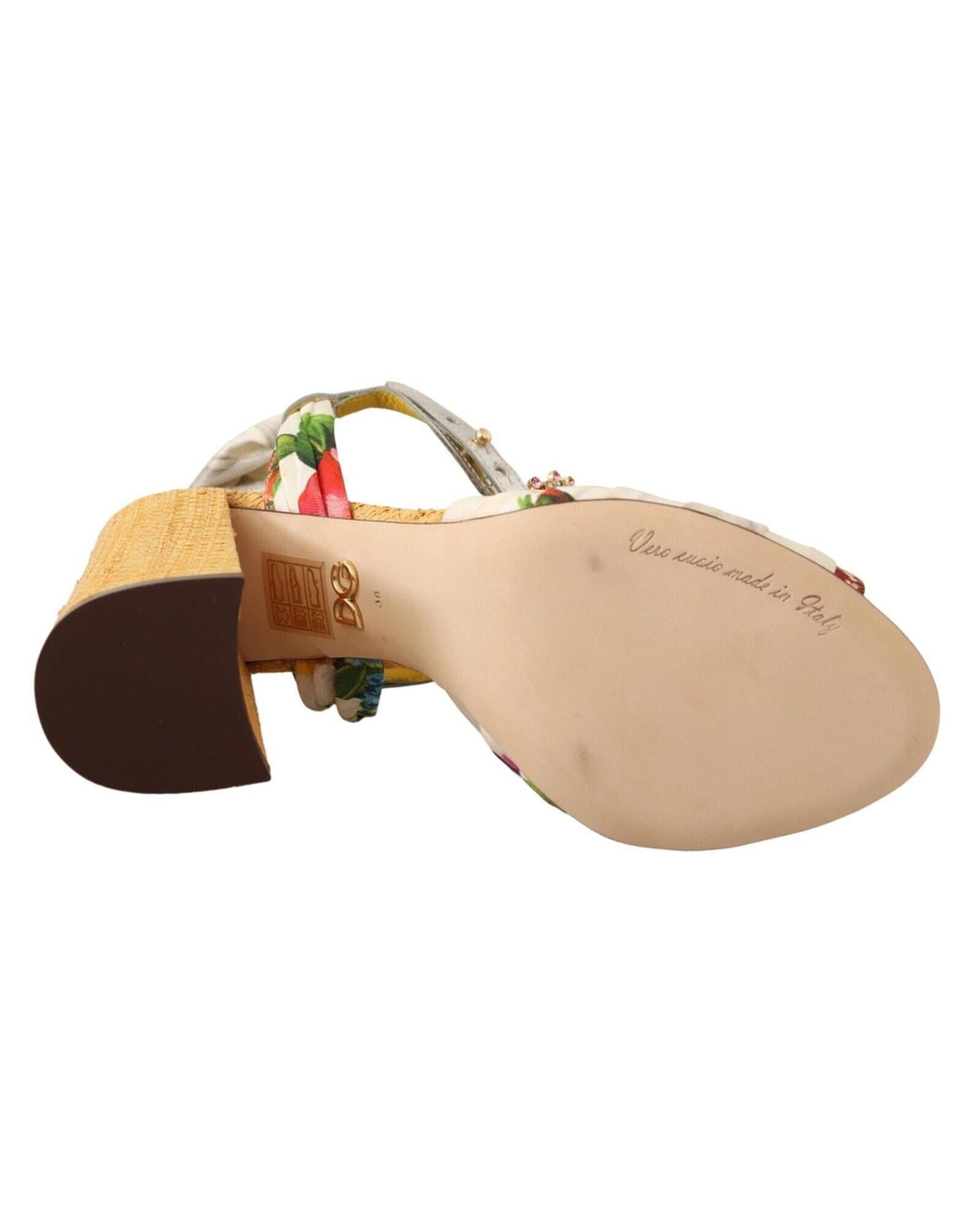 Dolce &amp; Gabbana Block High Heel Sandals with Crystal Embellishments and Floral Appliques 38 EU Women