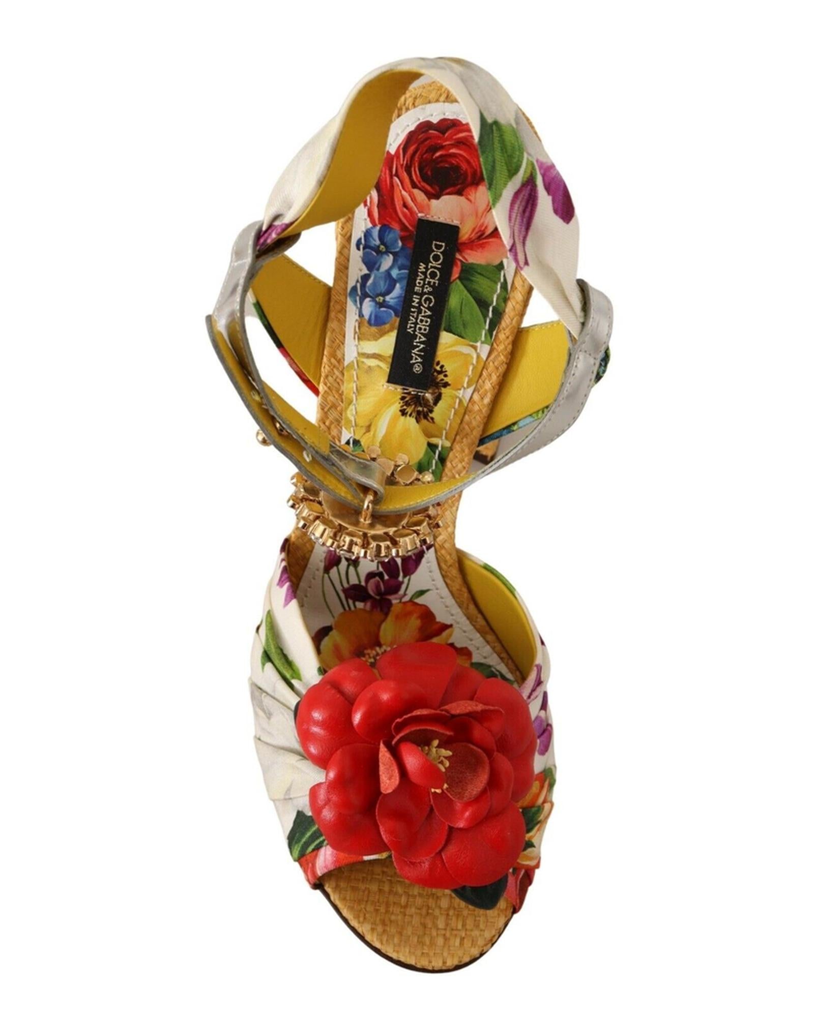 Dolce &amp; Gabbana Block High Heel Sandals with Crystal Embellishments and Floral Appliques 38 EU Women