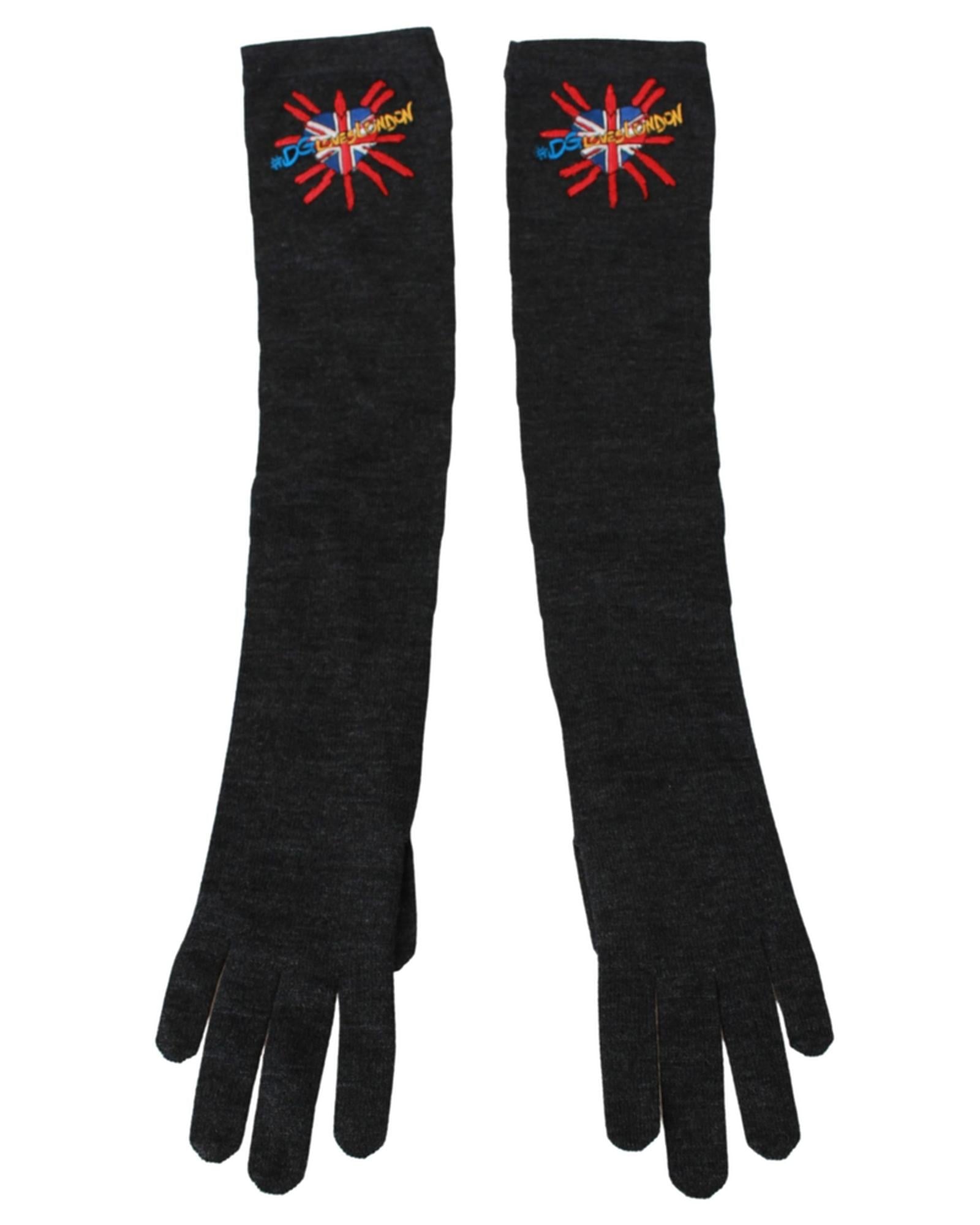 Dolce &amp; Gabbana Gray Elbow Length Embroidered Virgin Wool Gloves One Size Women