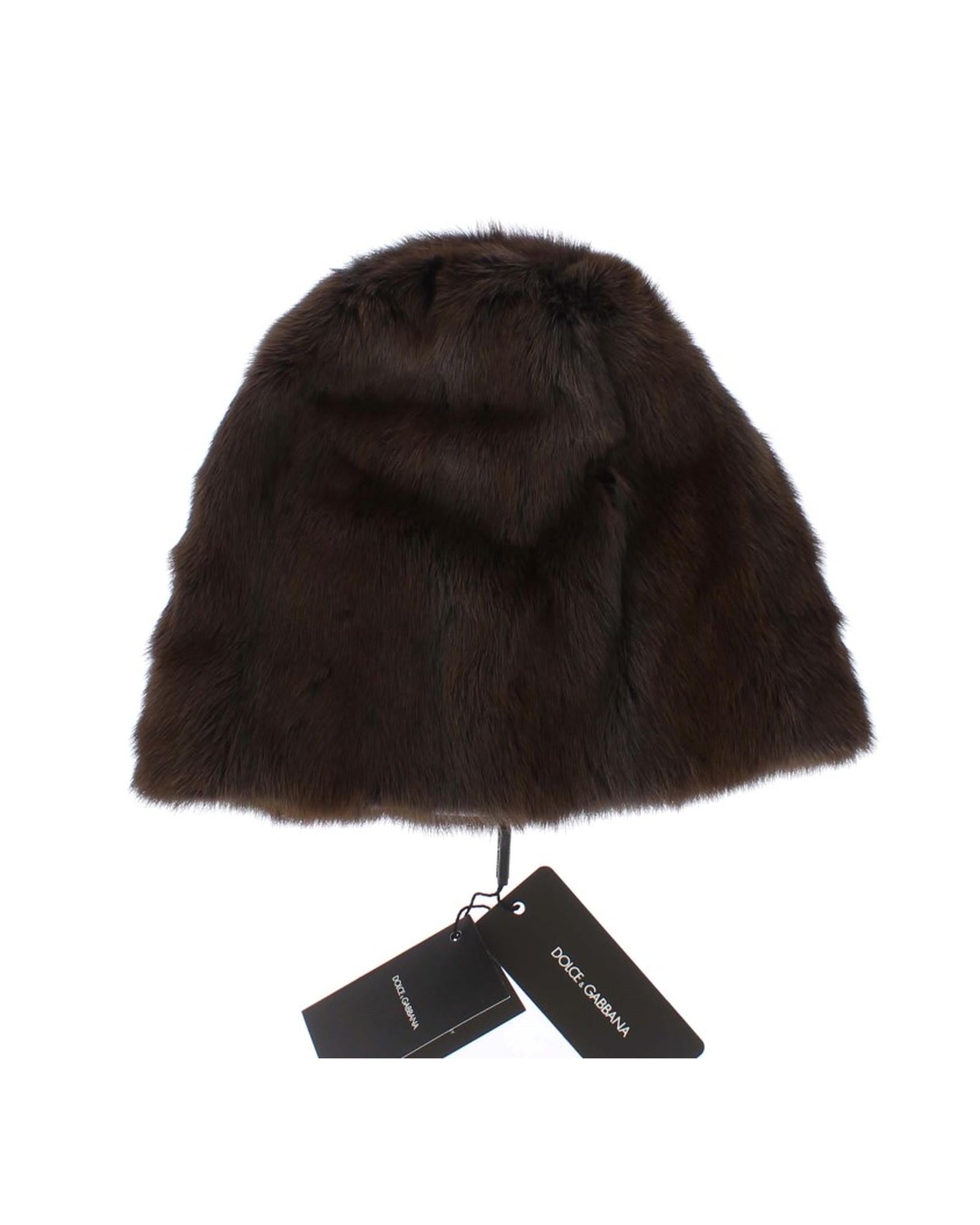 Gorgeous Dolce &amp; Gabbana Brown Weasel Fur Beanie with Gray Cashmere Lining 57 cm Women