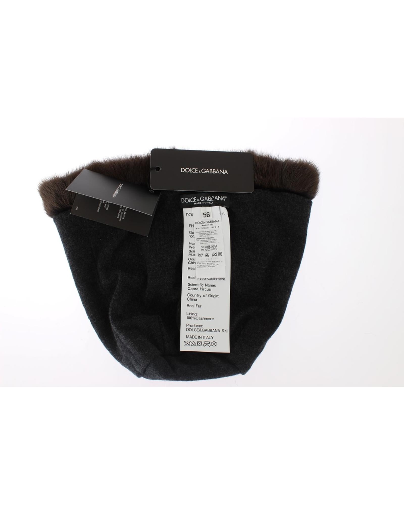 Gorgeous Dolce &amp; Gabbana Brown Weasel Fur Beanie with Gray Cashmere Lining 57 cm Women