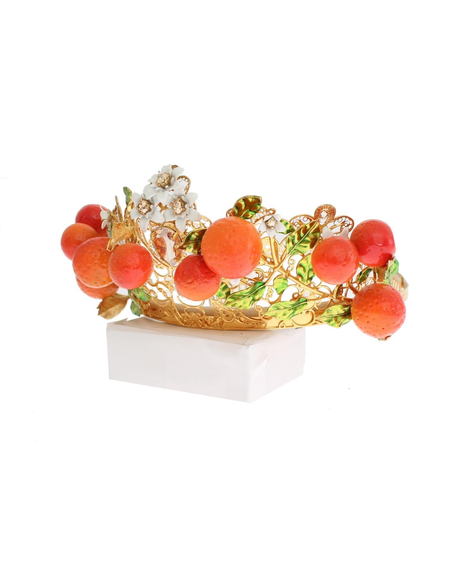 Dolce &amp; Gabbana Gold Brass Multicolor Crystal Sicily Orange Crown One Size Women