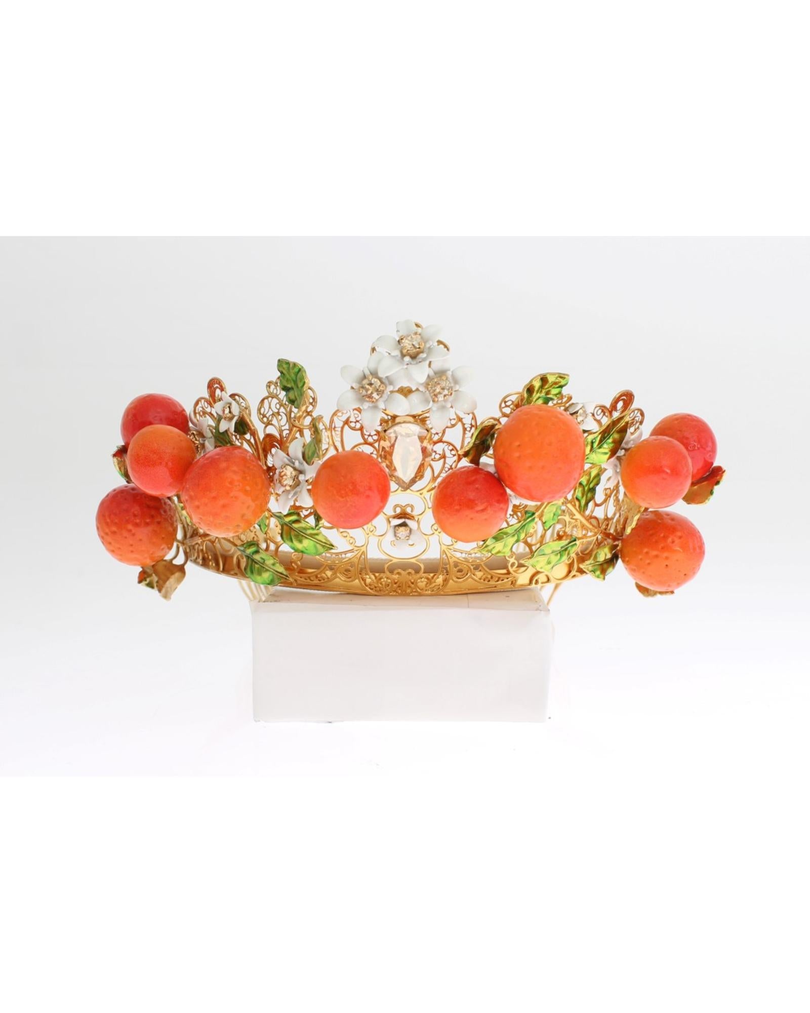 Dolce &amp; Gabbana Gold Brass Multicolor Crystal Sicily Orange Crown One Size Women
