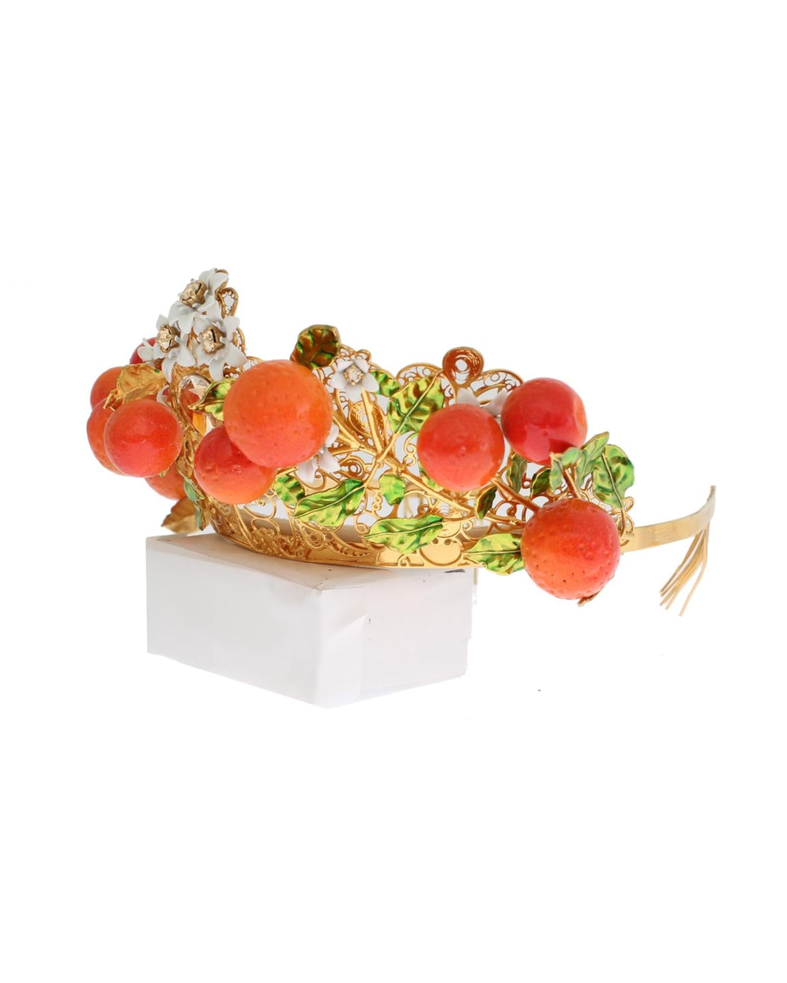 Dolce &amp; Gabbana Gold Brass Multicolor Crystal Sicily Orange Crown One Size Women
