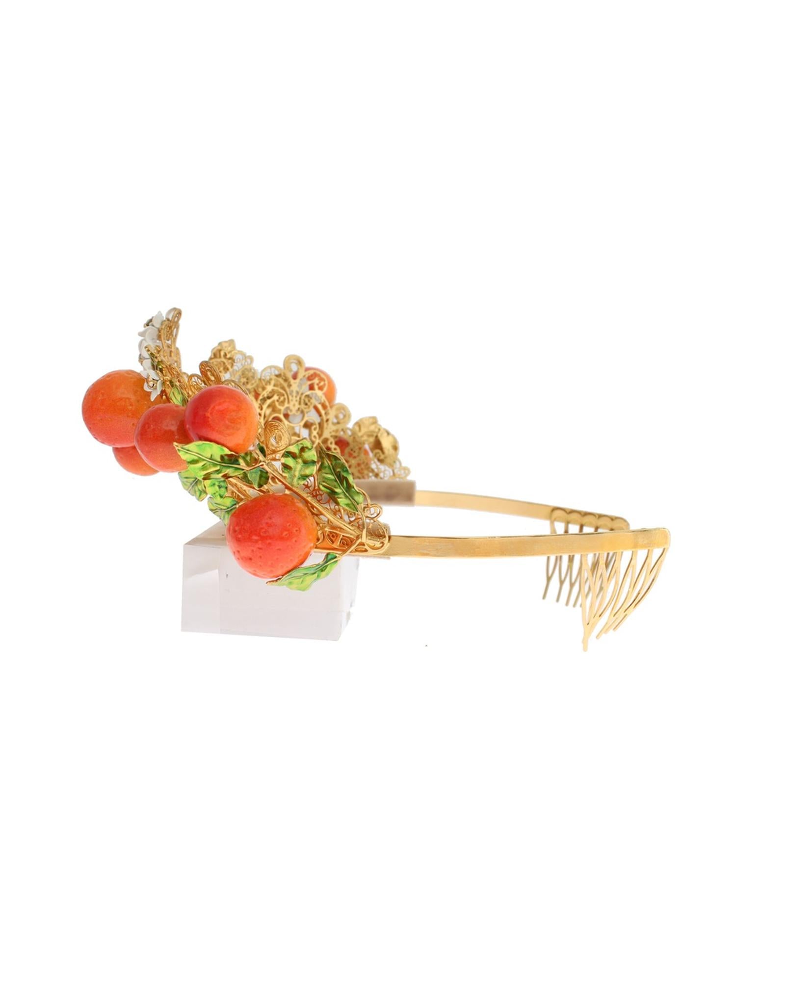 Dolce &amp; Gabbana Gold Brass Multicolor Crystal Sicily Orange Crown One Size Women