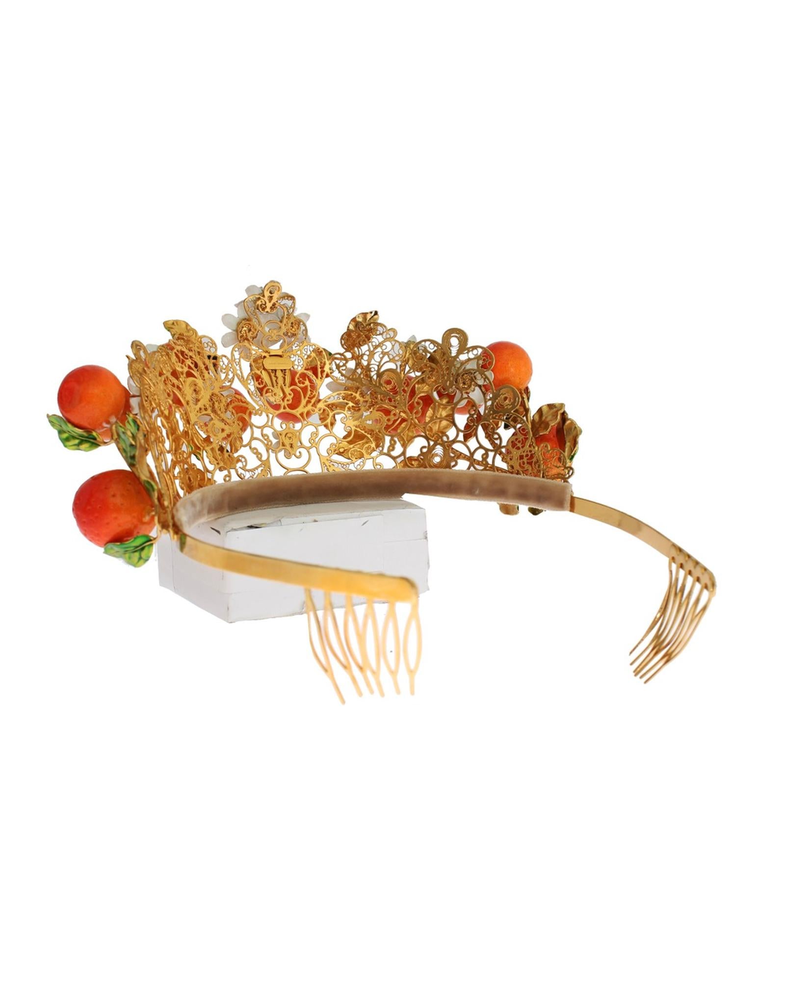 Dolce &amp; Gabbana Gold Brass Multicolor Crystal Sicily Orange Crown One Size Women