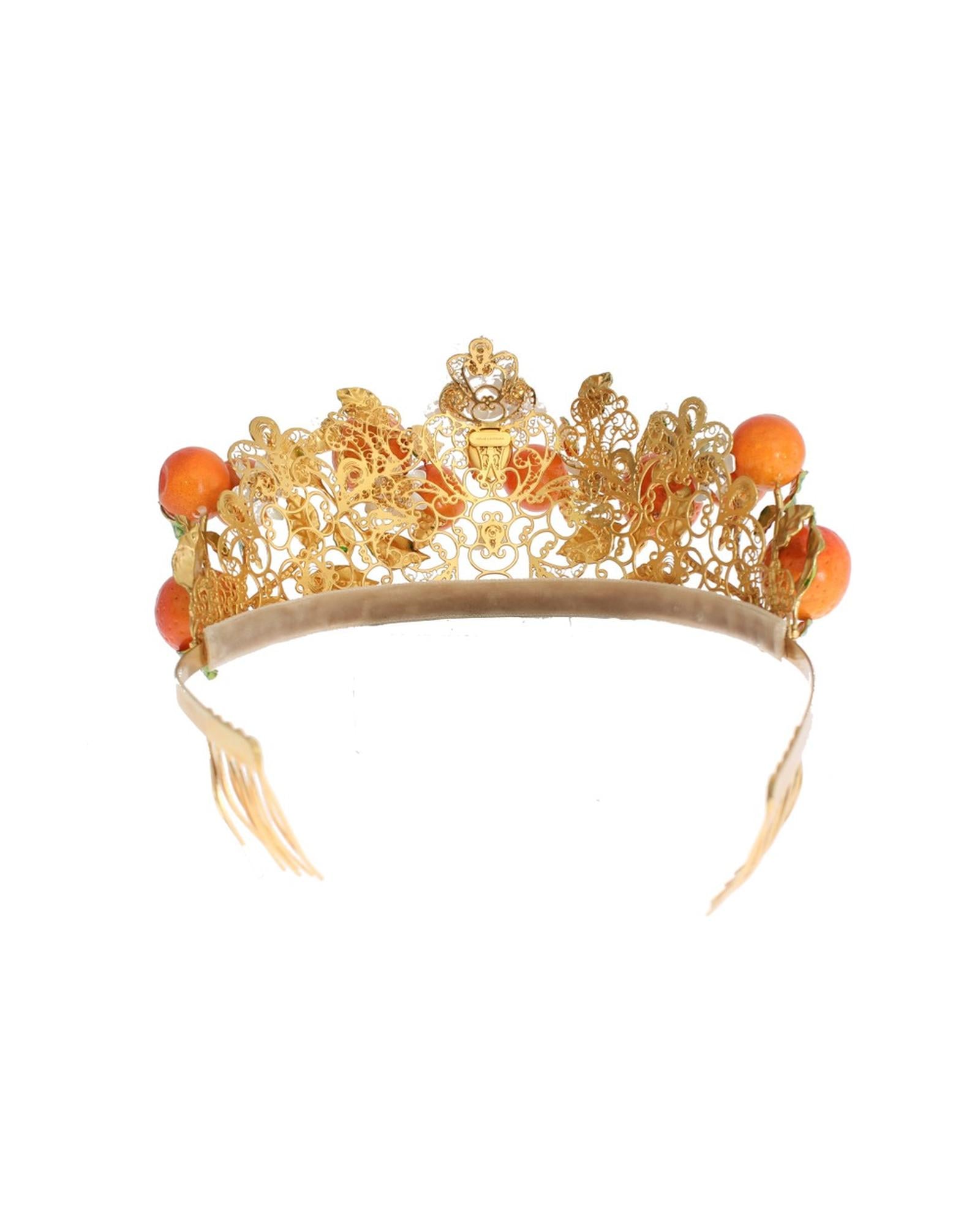 Dolce &amp; Gabbana Gold Brass Multicolor Crystal Sicily Orange Crown One Size Women