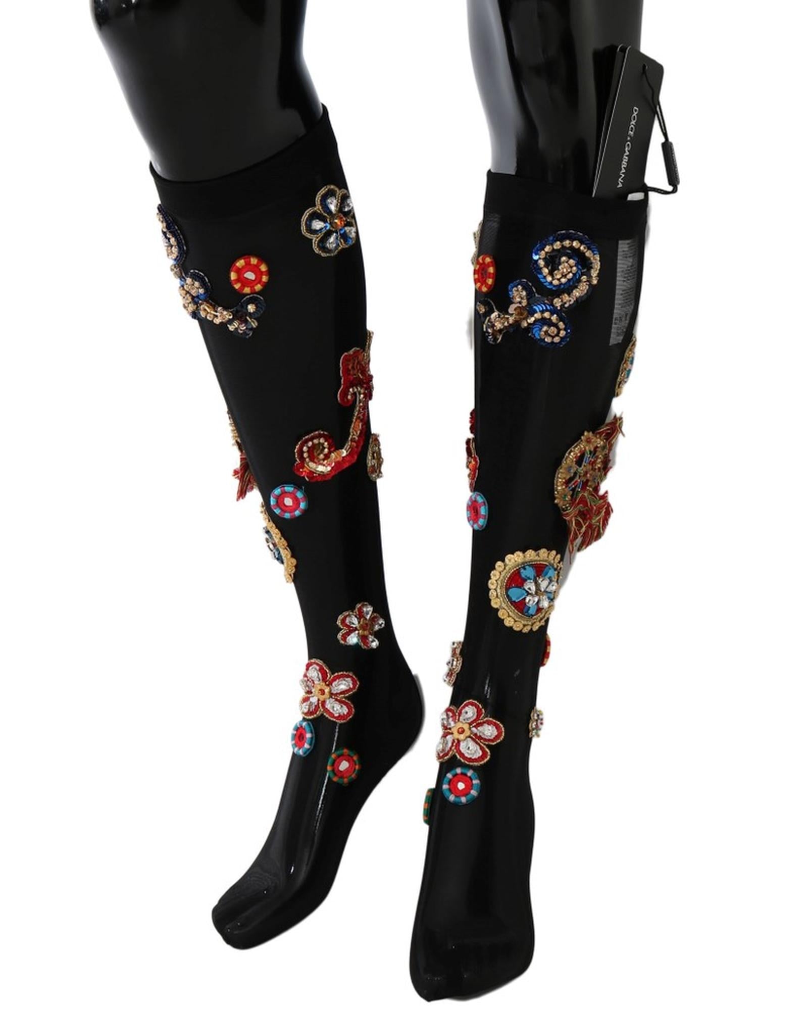 Dolce &amp; Gabbana Black Sequined Crystal Stockings S Women