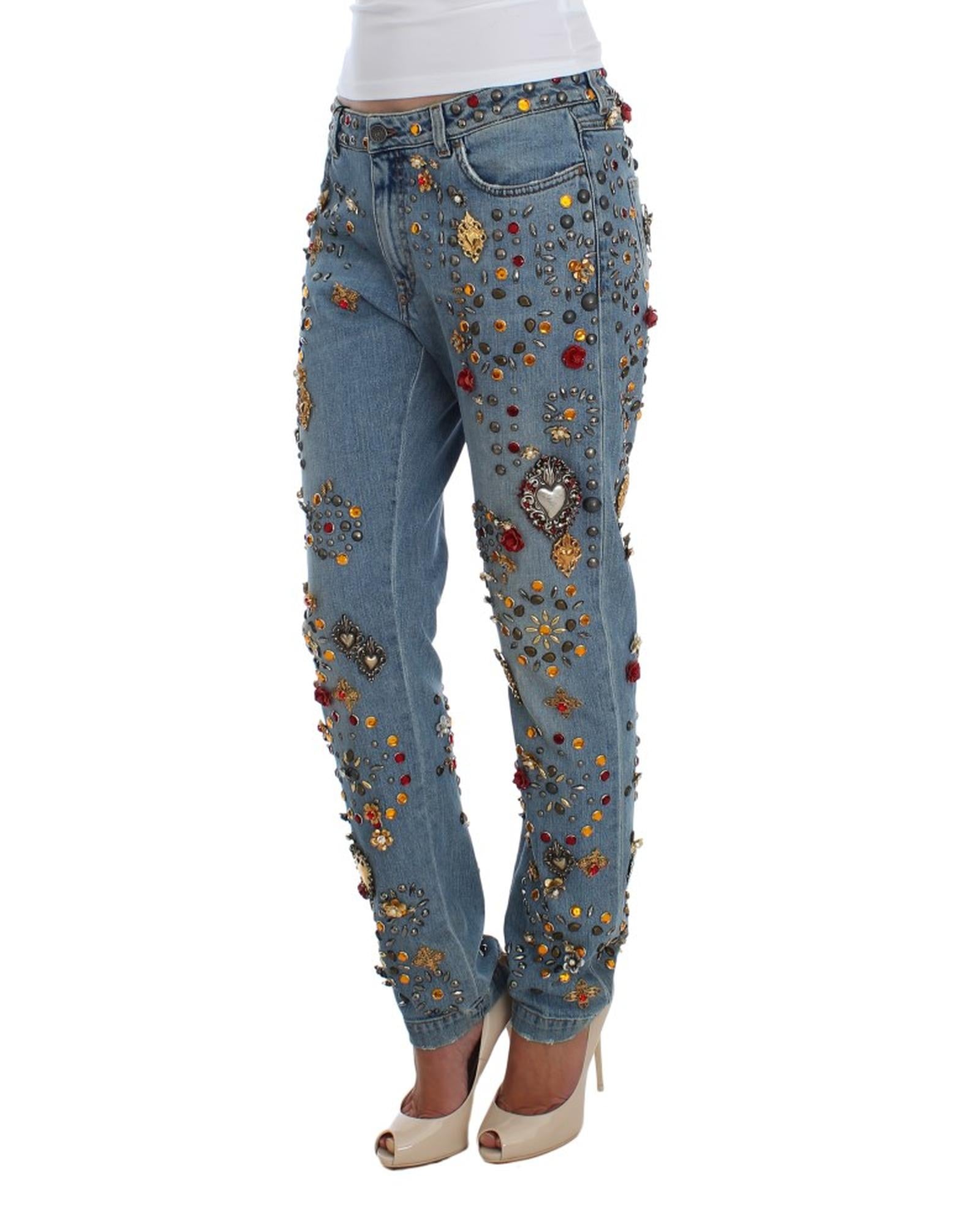 Blue Wash Crystal Heart Roses Embellished Enchanted Sicily Boyfriend Fit Jeans 38 IT Women