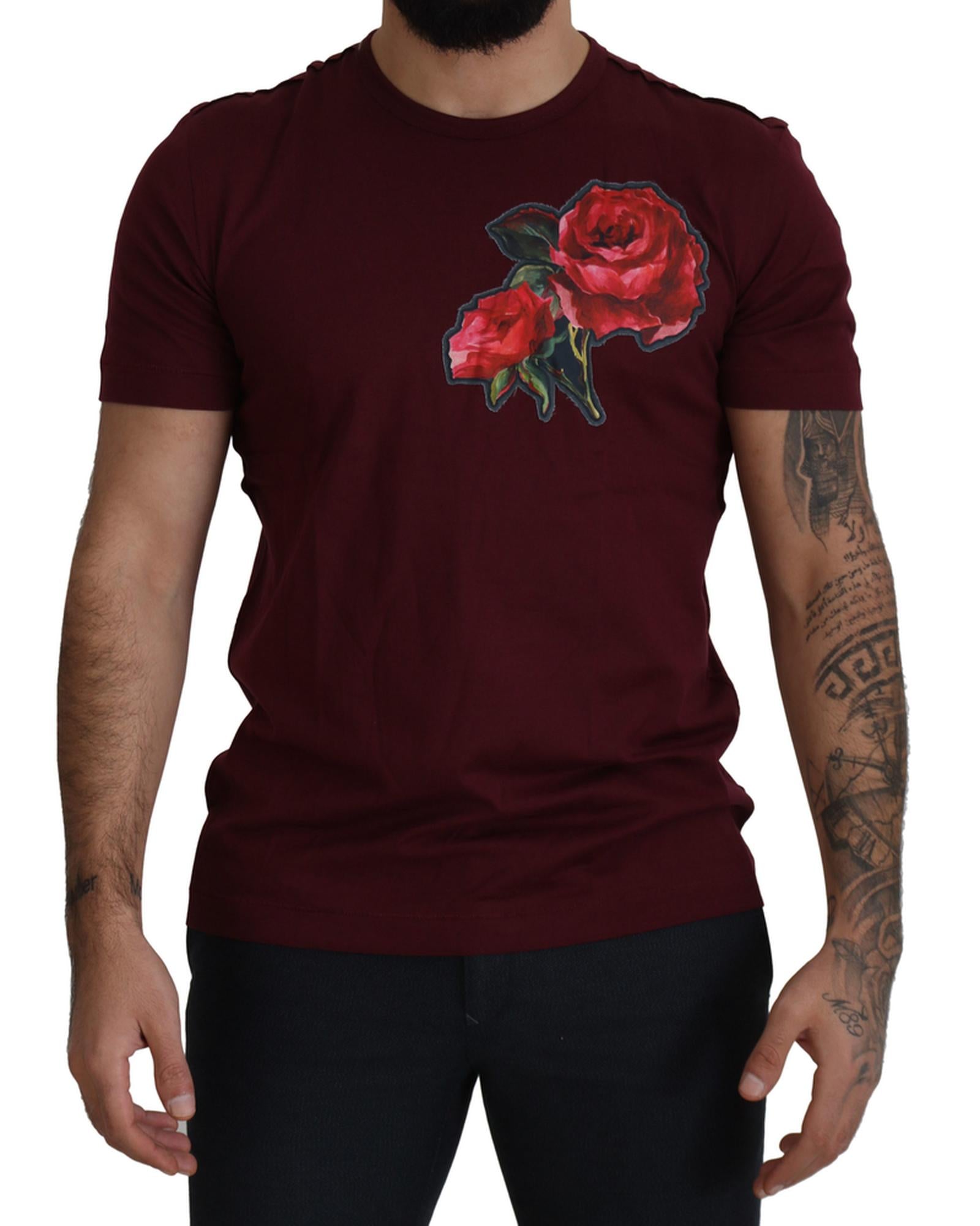 Gorgeous Dolce &amp; Gabbana T-shirt with Bordeaux Roses Motif Print 50 IT Men