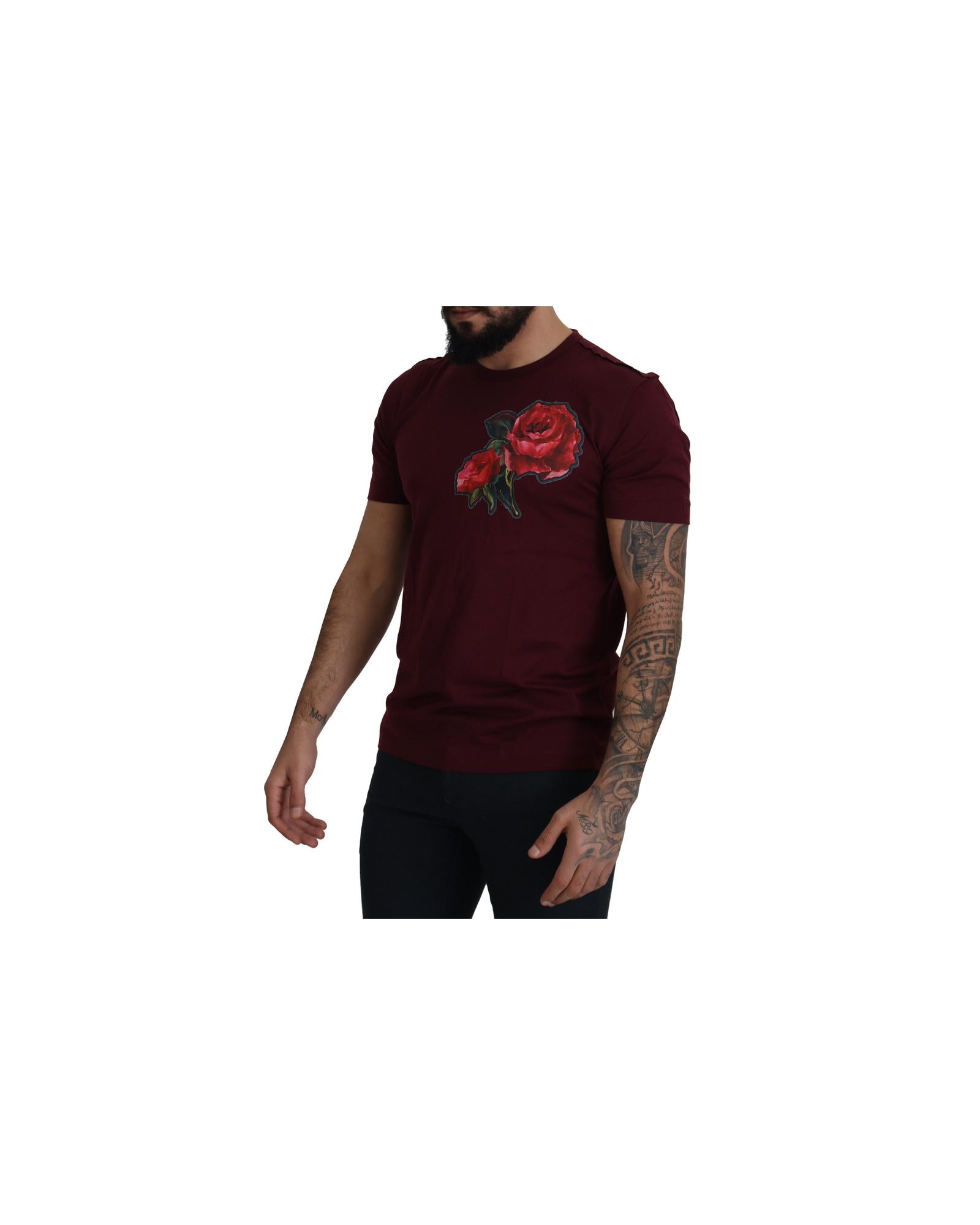 Gorgeous Dolce &amp; Gabbana T-shirt with Bordeaux Roses Motif Print 50 IT Men