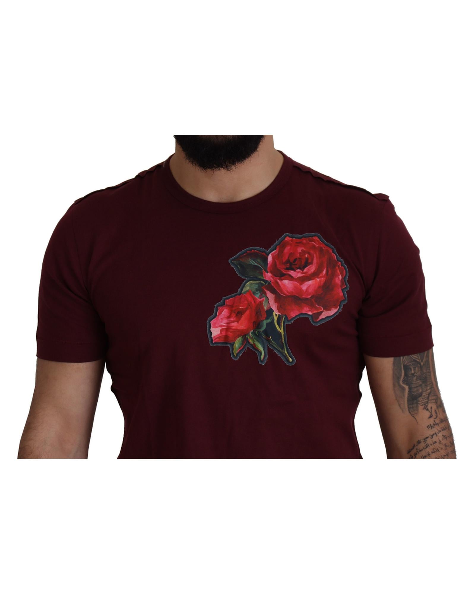 Gorgeous Dolce &amp; Gabbana T-shirt with Bordeaux Roses Motif Print 50 IT Men
