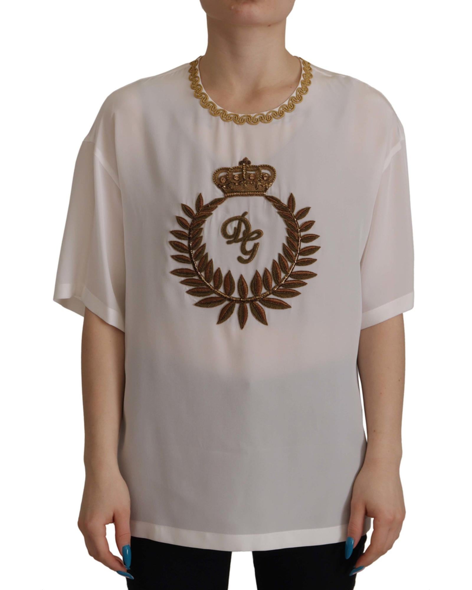 Gorgeous Dolce &amp; Gabbana Silk T-Shirt with Gold DG Crown Logo Embroidery 38 IT Women