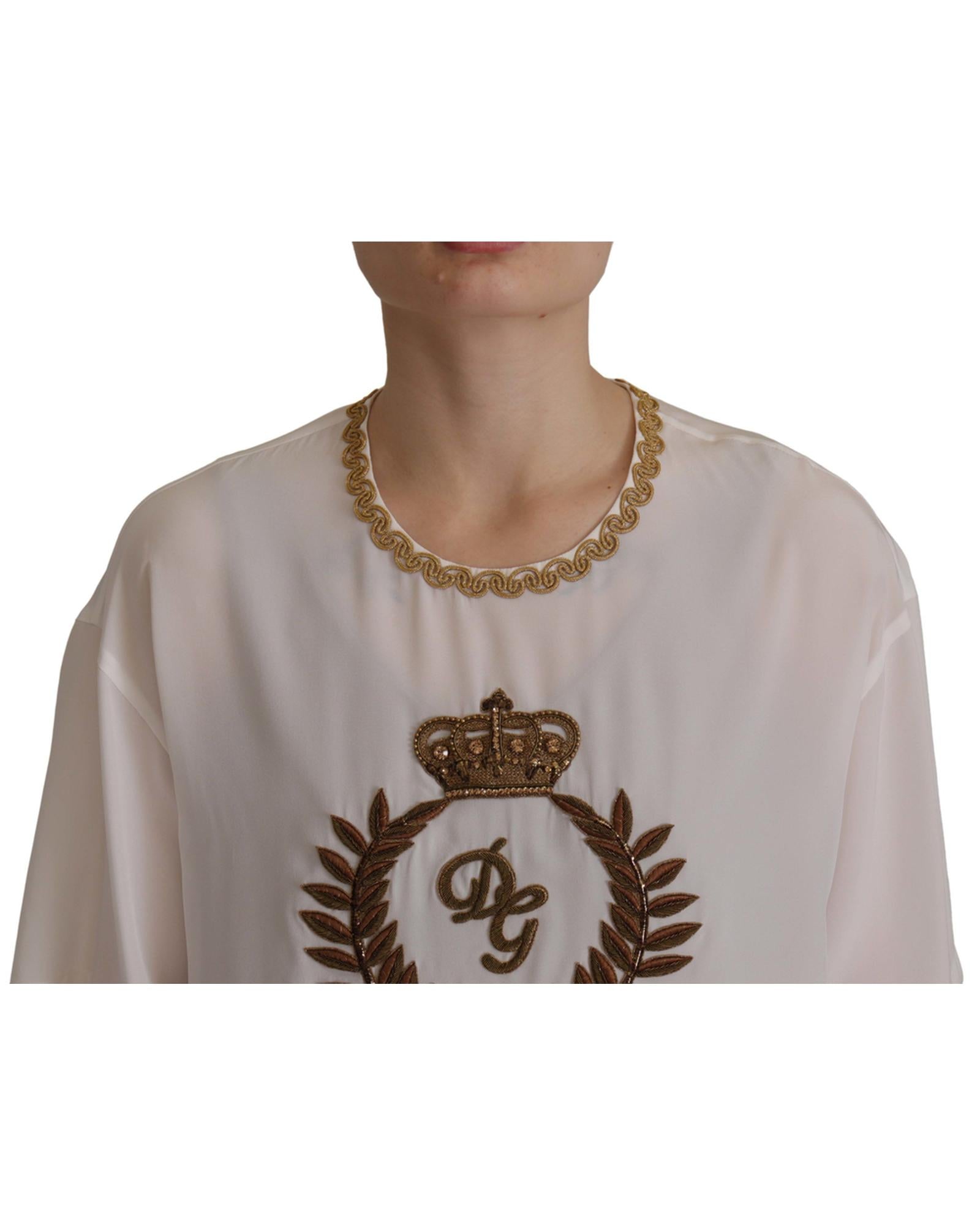 Gorgeous Dolce &amp; Gabbana Silk T-Shirt with Gold DG Crown Logo Embroidery 38 IT Women