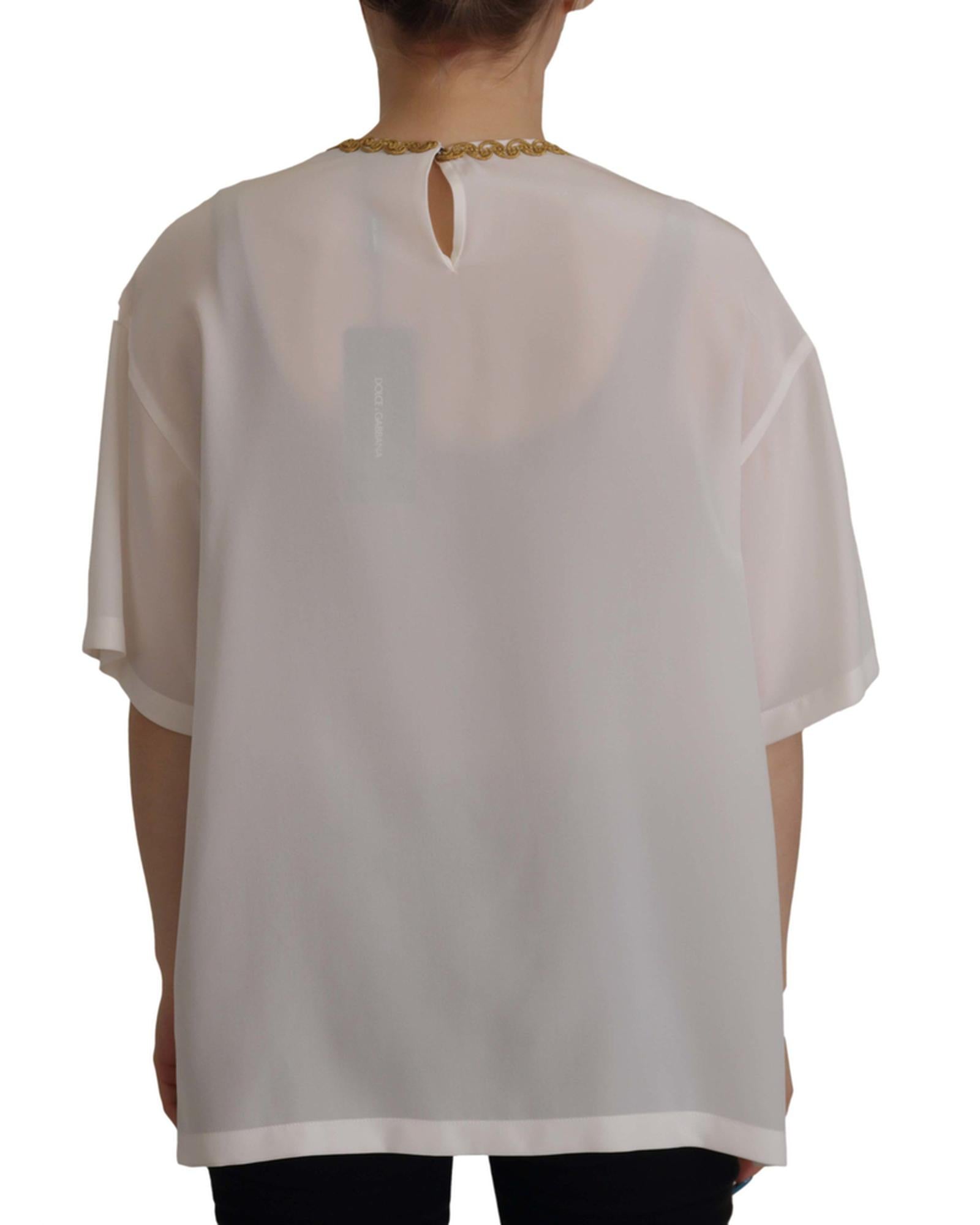 Gorgeous Dolce &amp; Gabbana Silk T-Shirt with Gold DG Crown Logo Embroidery 38 IT Women