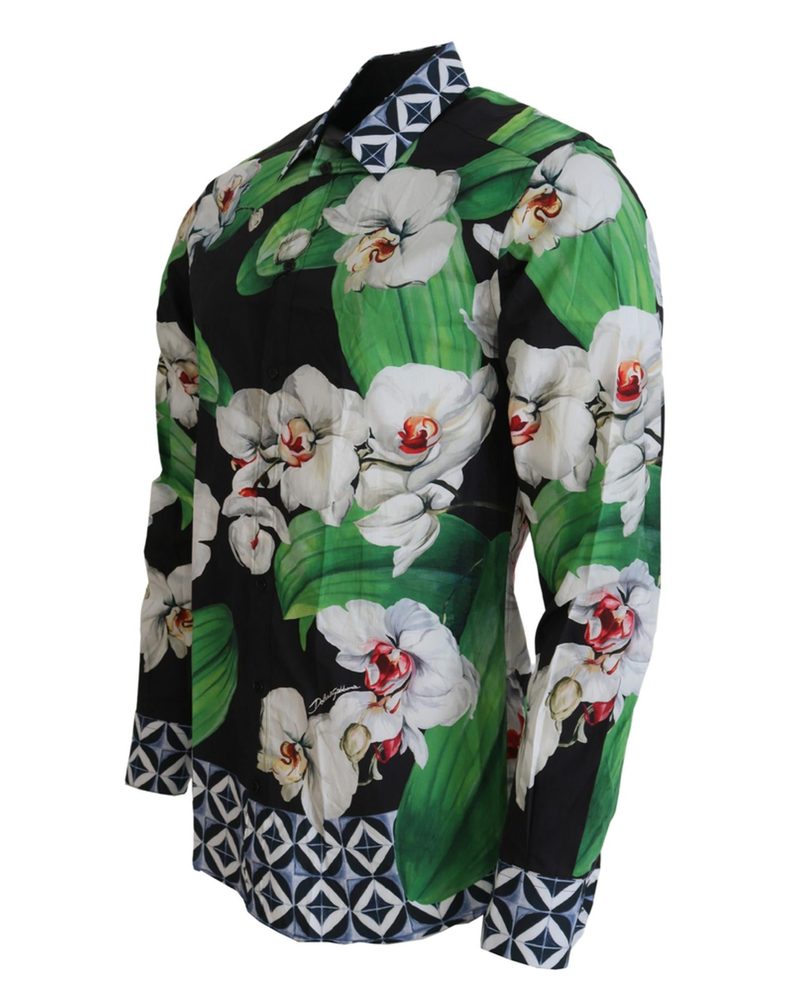 100% Authentic Dolce &amp; Gabbana Black Floral Dress Shirt 40 IT Men