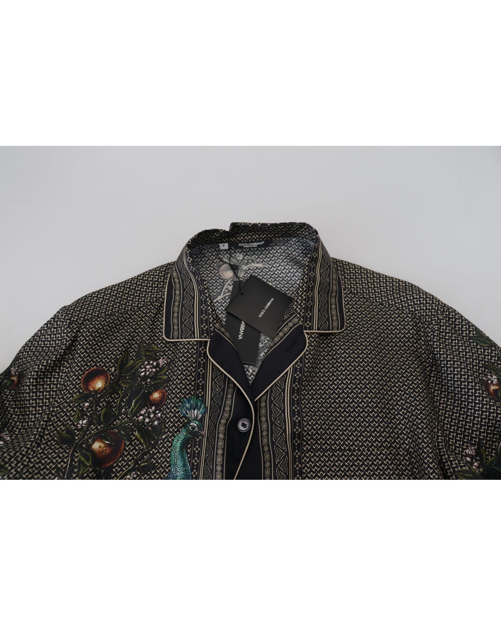 Regular Fit Ostrich Print Silk Shirt with Logo Details S Men
