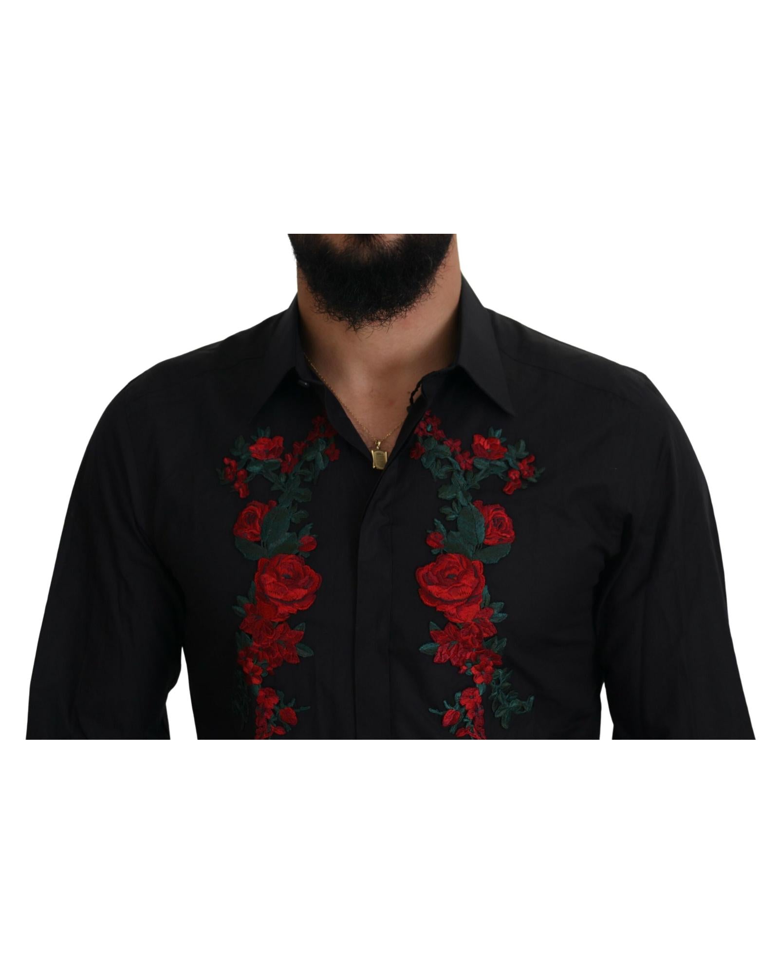 GOLD Long Sleeve Shirt with Floral Embroidery by Dolce &amp; Gabbana 39 IT Men