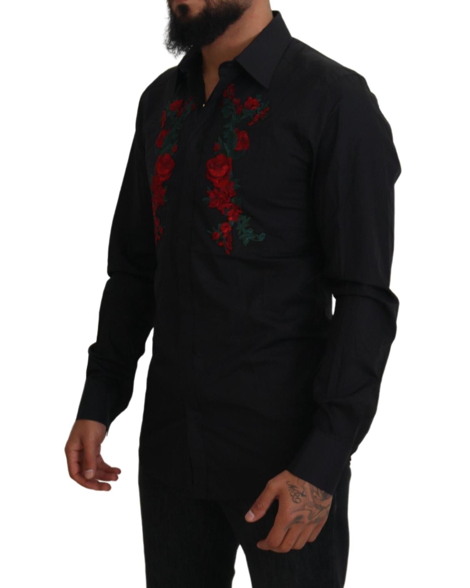 GOLD Long Sleeve Shirt with Floral Embroidery by Dolce &amp; Gabbana 39 IT Men