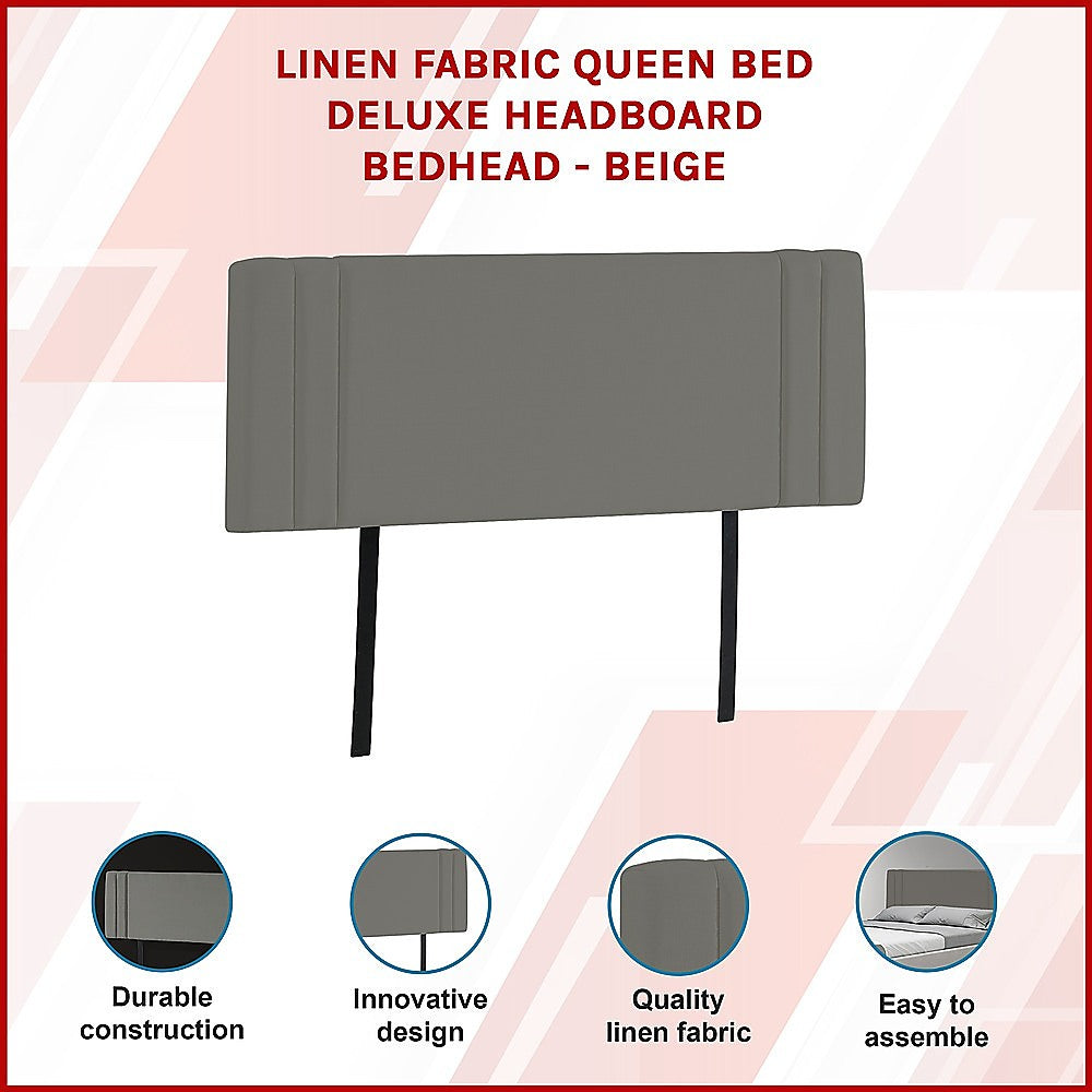 Linen Fabric Queen Bed Deluxe Headboard Bedhead - Beige